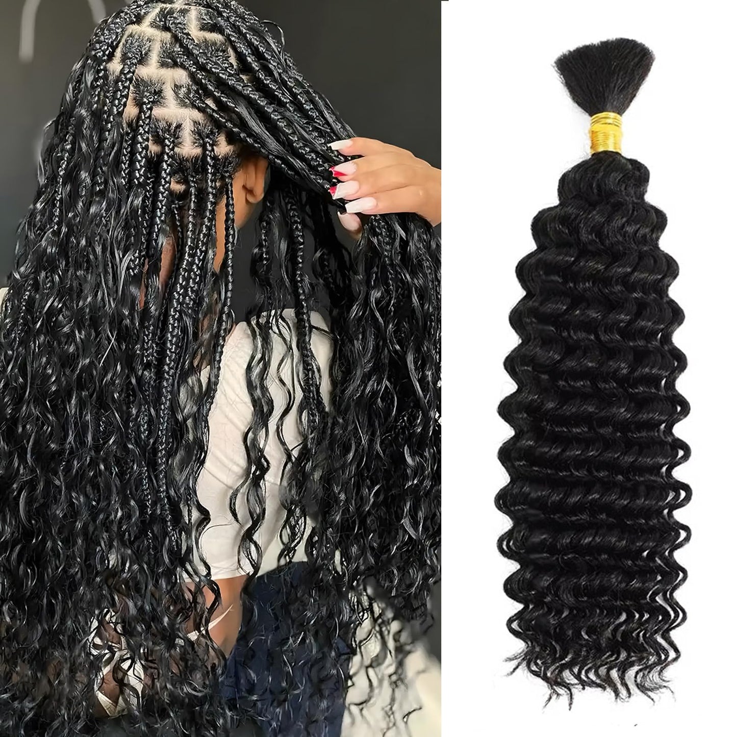 Wequeen 16A Human Braiding Hair Deep Wave 50g 24 Inch 1 Bundles/Pack 100% Unprocessed Brazilian Virgin Hair No Weft Bulk Human Hair for Braiding Curly Hair Extensions for Boho Braids,Natural Black