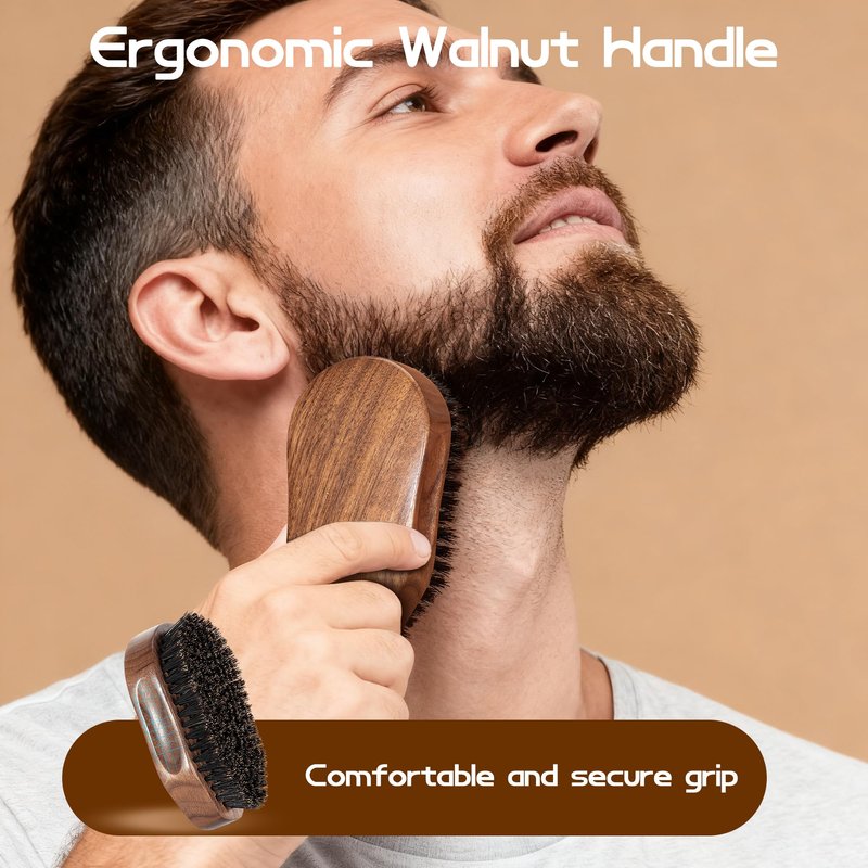 GROOMAGE 3PCS Beard Brush Comb Set for Men, Black Walnut Wood Dual Beard Comb & Case, Men's Natural Wooden Mustache Brush Kit - Medium Hardness