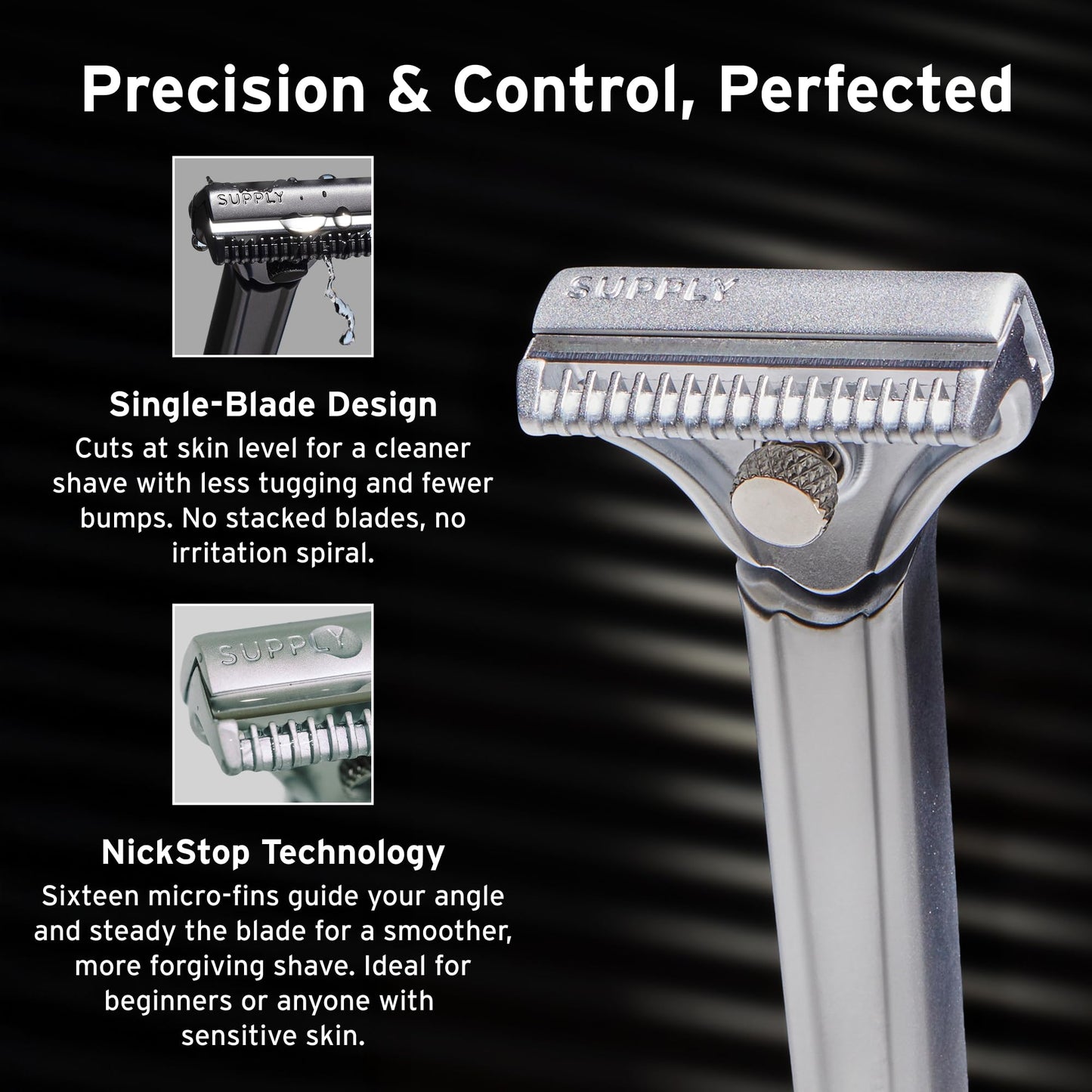 SUPPLY Single Edge SE Razor for Men – Premium Metal Razor with Nick-Guard Safety Bar for an Easier, Low-Irritation Single-Blade Shave – Includes 8 Japanese Injector Blades – Matte Black