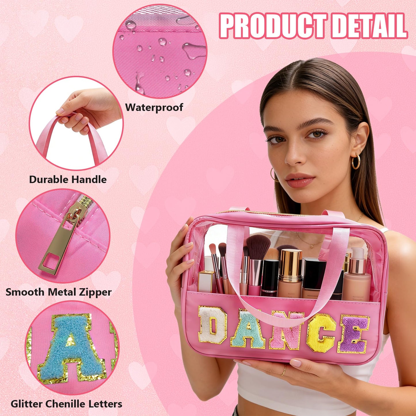 Dance Makeup Bag, Dance Recital Gifts for Girl Women, Chenille Letter Patch Clear Ballet Cosmetic Bag with Handle and Zipper, Waterproof Nylon Travel Toiletry Make Up Bag, Dance Competition Must Haves