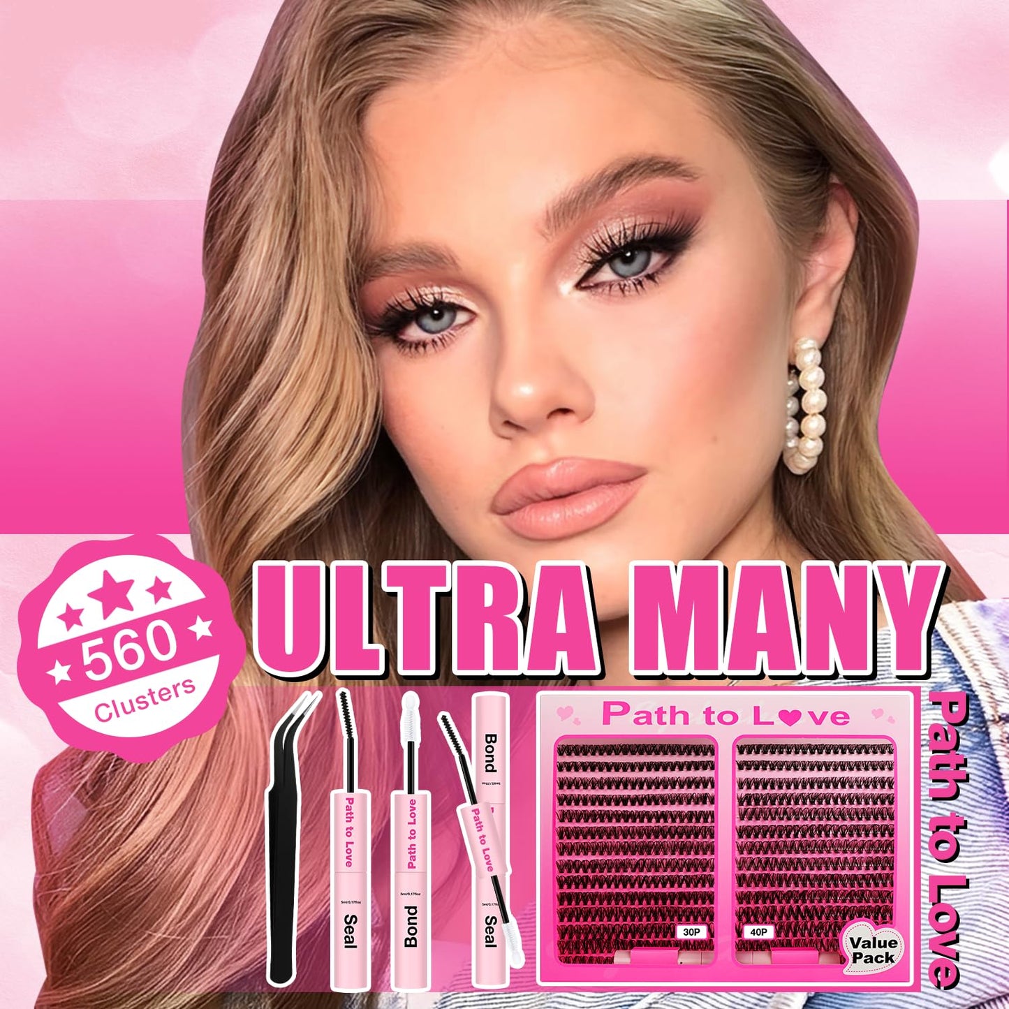 560pcs Lash Clusters Kit with Bond, Seal and Tweezers, Natural False Eyelashes Kit, 9-16mm D Curl 30D+40D Wispy Cluster Lashes, Individual Eyelash Extensions for Beginners At Home