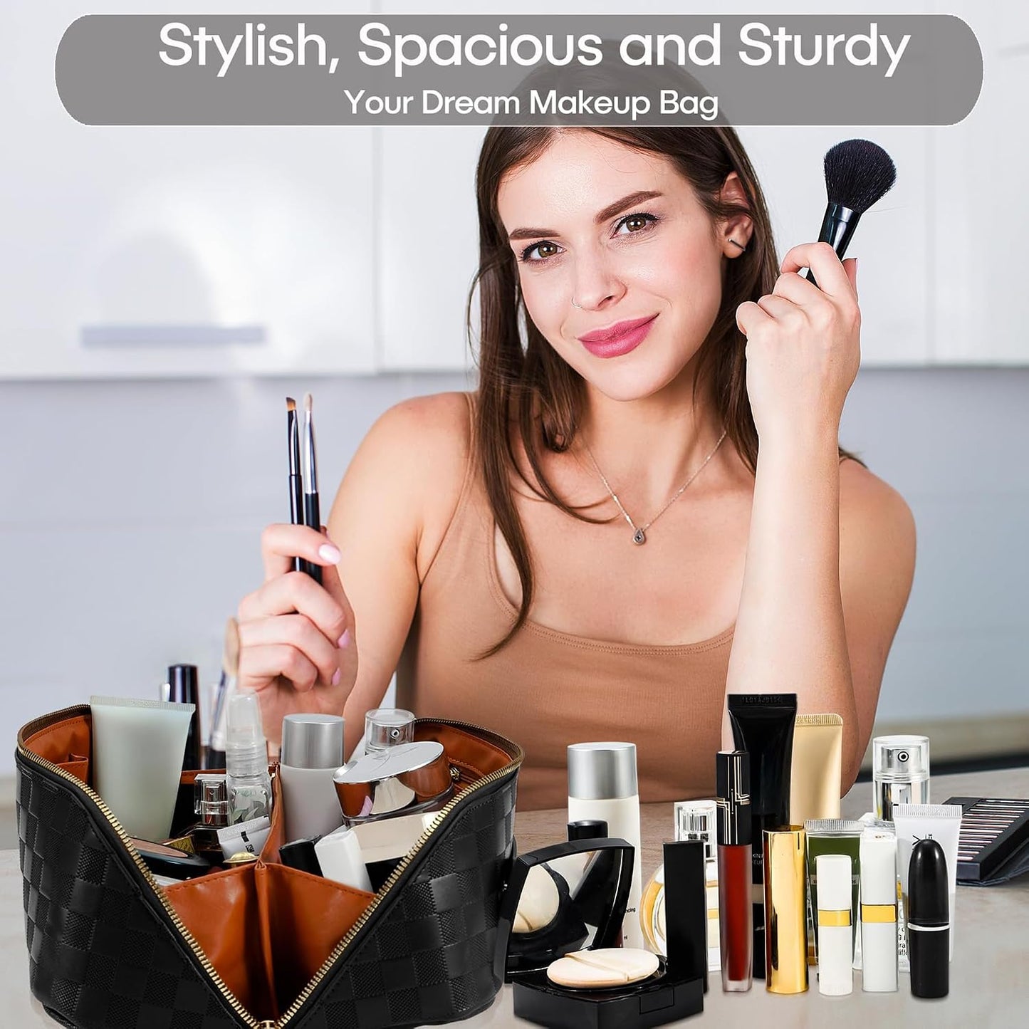 Large Capacity Travel Cosmetic Bag - Waterproof PU Leather Makeup Organizer with Dividers | Stylish Checkered Design