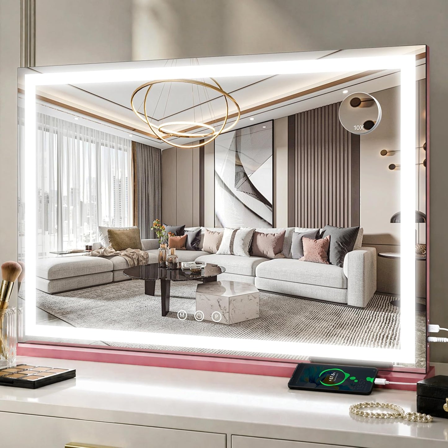 Lighted Makeup Mirror with Smart Touch Control - 12" x 16" LED Vanity Mirror, 3 Color Modes, 10X Magnification, 360° Rotation