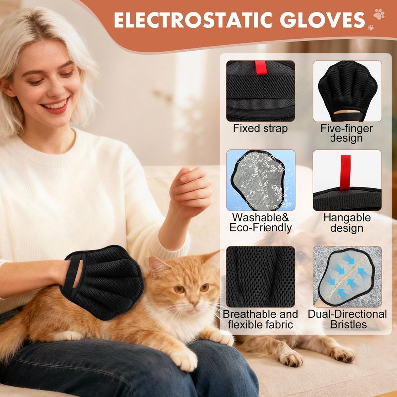 Palirs Pet Hair Removal Glove, Electrostatic Pet Hair Remover Glove for Cats & Dogs, Pet Hair Remover Tool for Laundry, Couch, Carpet, Car Seat - Upgraded Five-Finger, Reusable, Black+Black