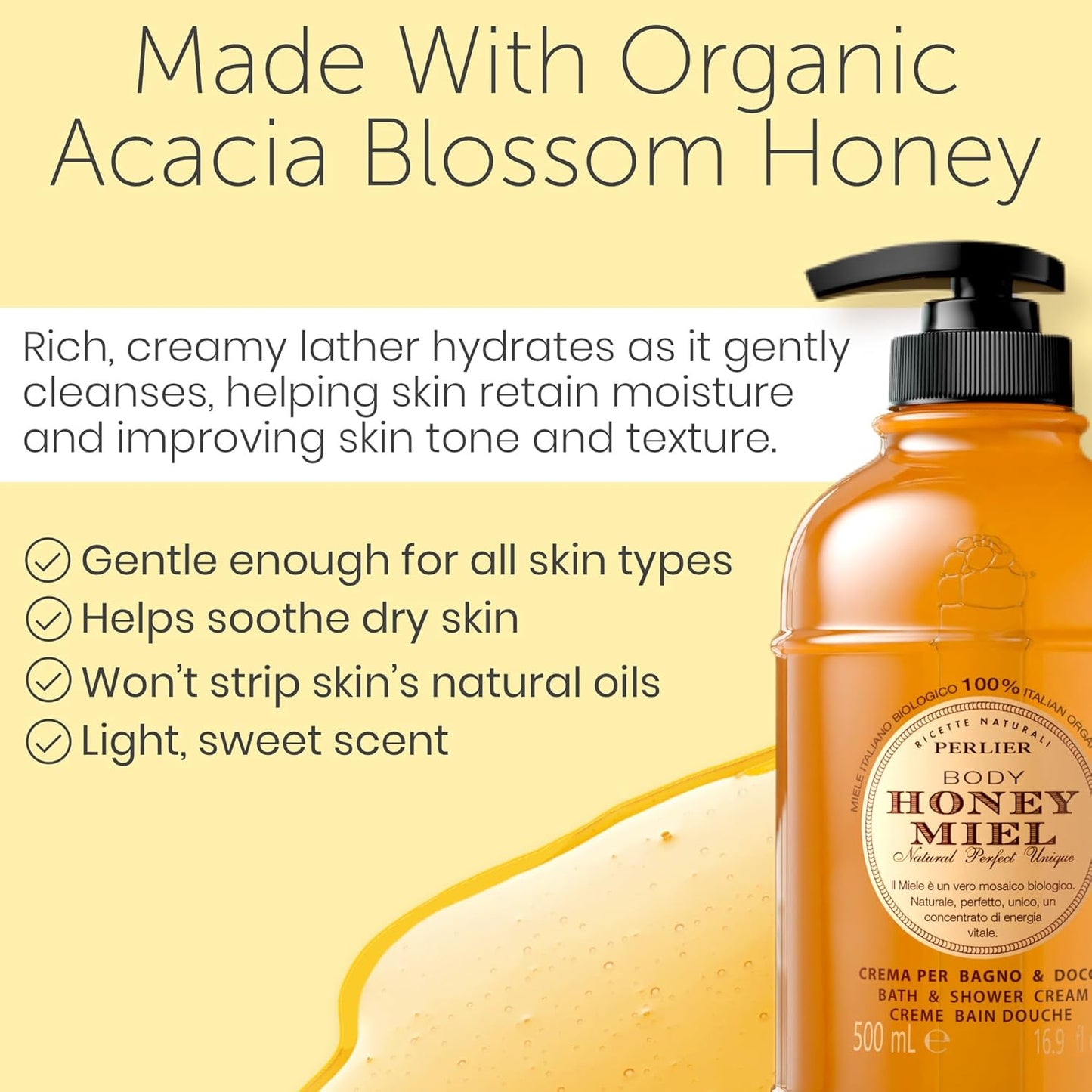 Perlier Honey Bath Cream - Nourishing Moisturizing Body Wash | 16.9 Fl Oz, 500 ml for Silky Soft Skin