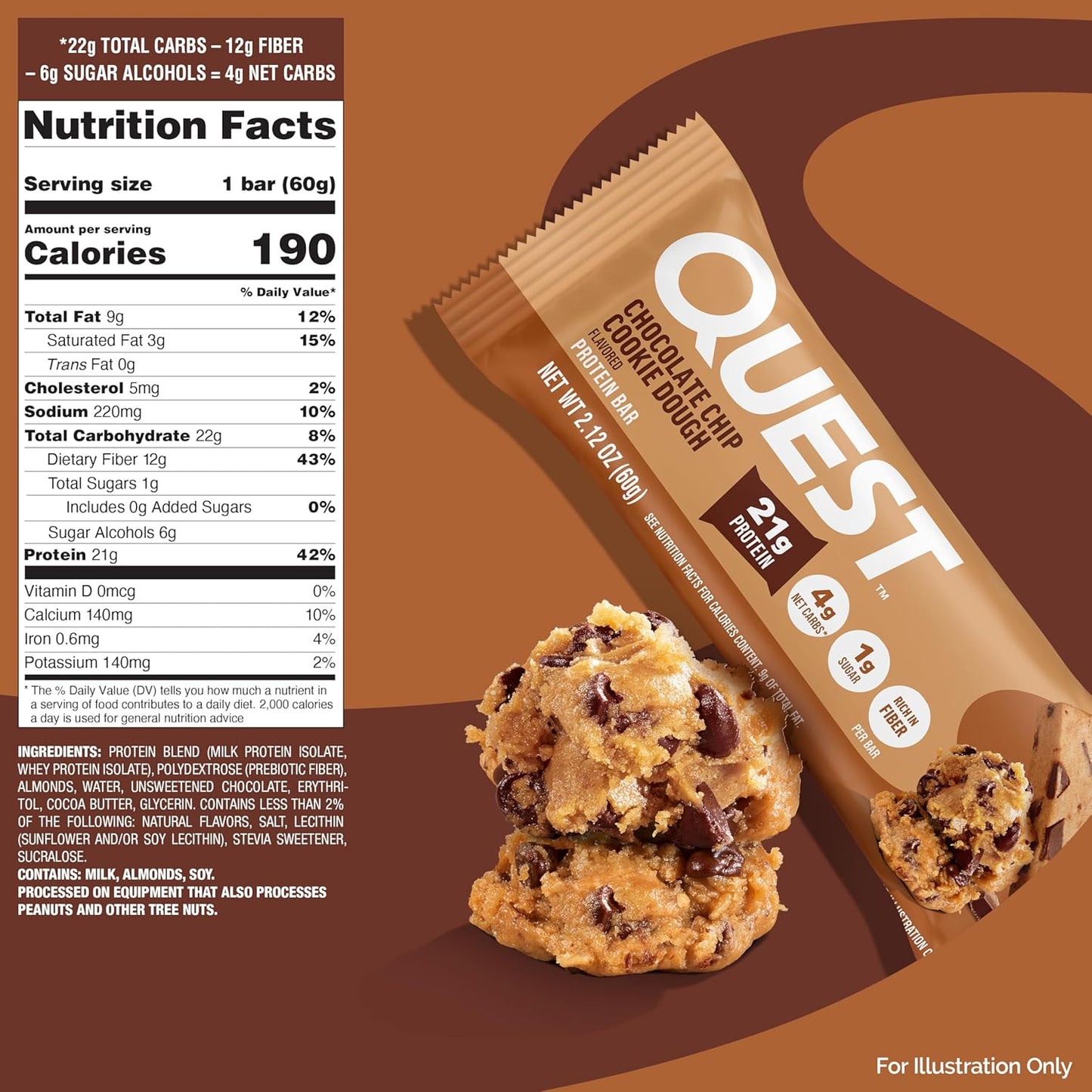 Quest Nutrition Protein Bars - Chocolate Chip Cookie Dough, High Protein, Low Carb, Keto Friendly | 12 Count