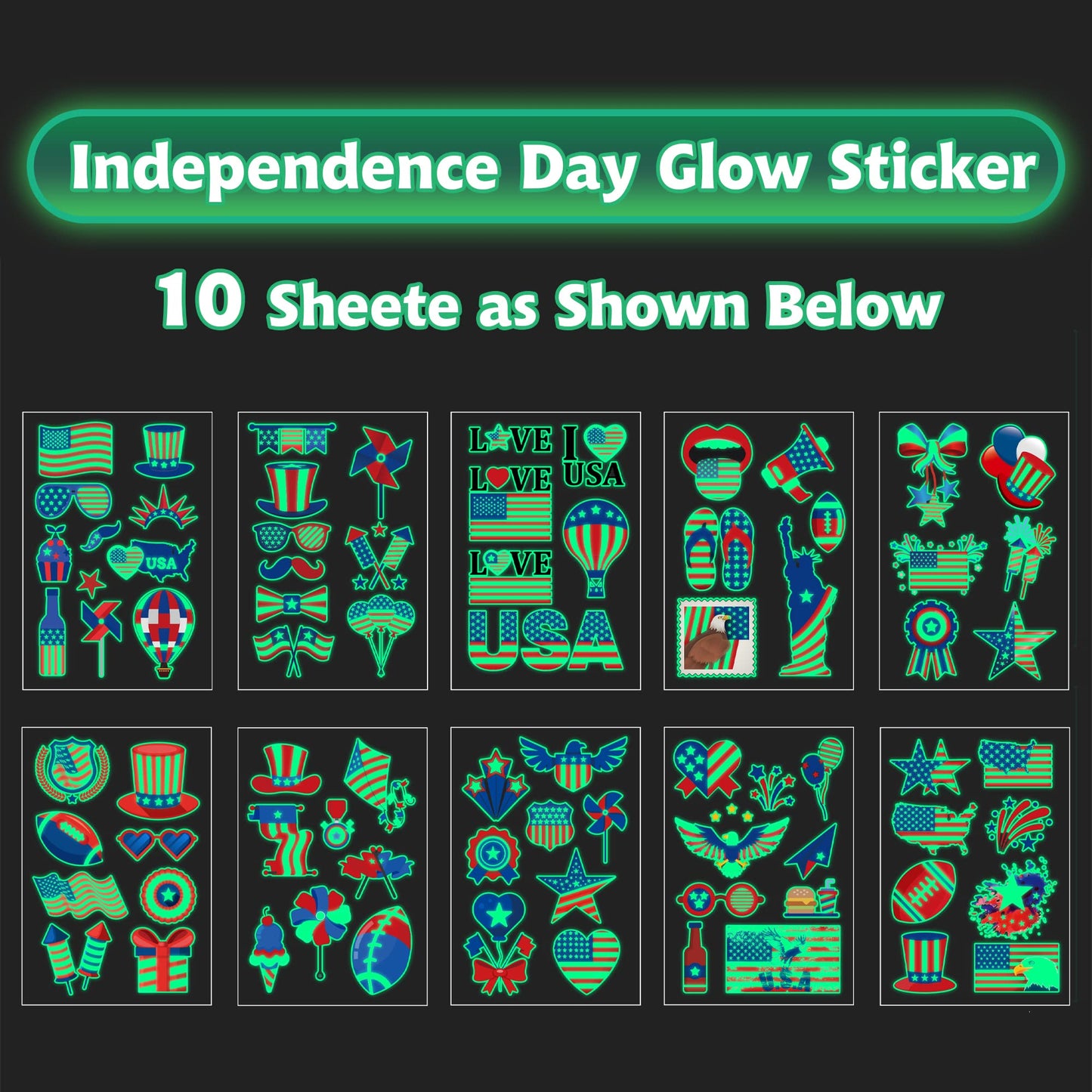 70PCS 4th of July Decorations Temporary Tattoos，Red White and Blue Party Supplies，Fourth of July Glow in The Dark Sticker Patriotic Party Decorations Favors Supplies Independence Day Memorial Day Decorations