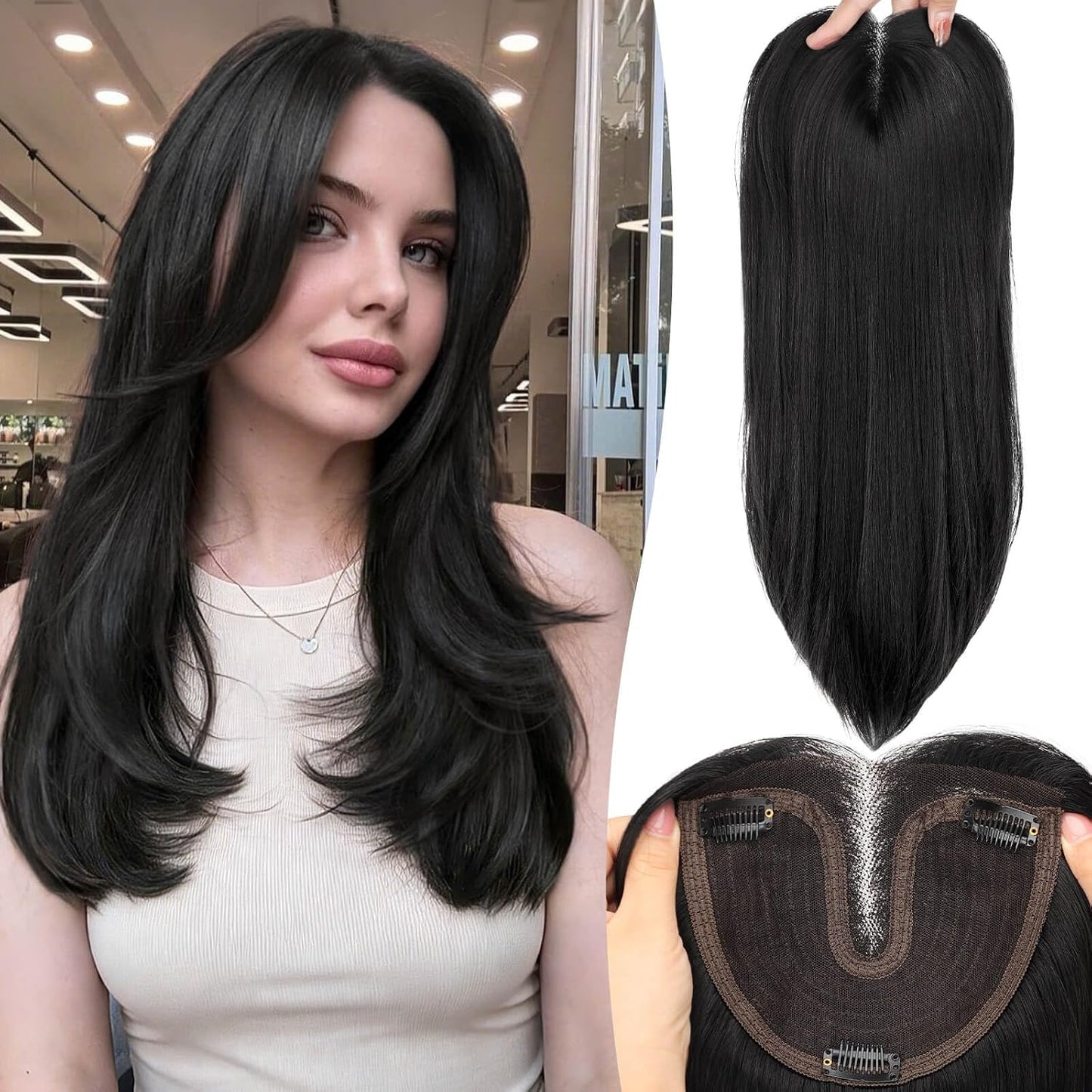 Ash Blonde Synthetic Hair Toppers with Platinum Highlights - 18" Long, 5x6" Base for Thinning Hair, Clip-In Wispy Bangs