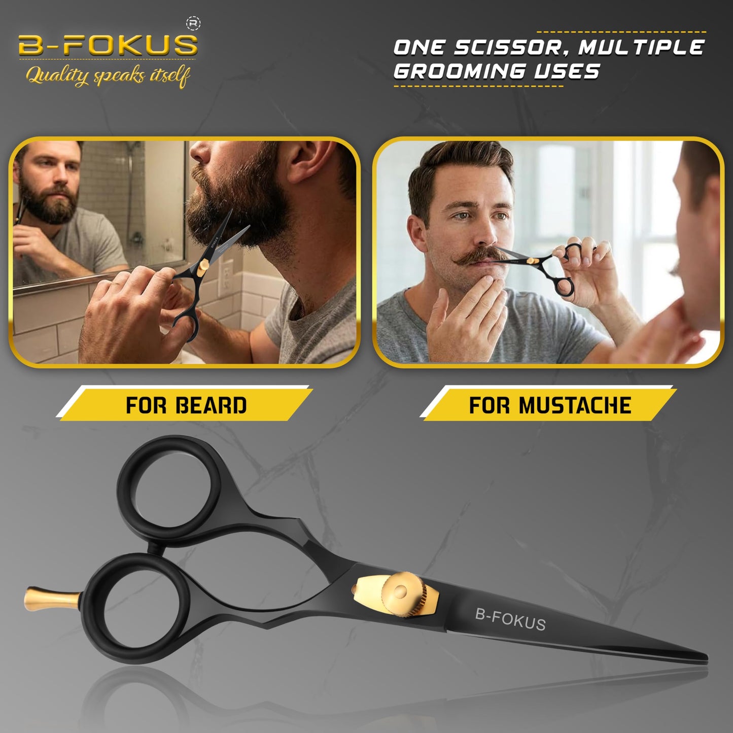 B-FOKUS Hair & Beard Trimming Scissors Kit – 5.5” High Carbon Stainless Steel Mustache & Hair Scissors for Men, Women & Kids Adjustable Tension Screw – Come with Tweezers, Combs & Travel Pouch