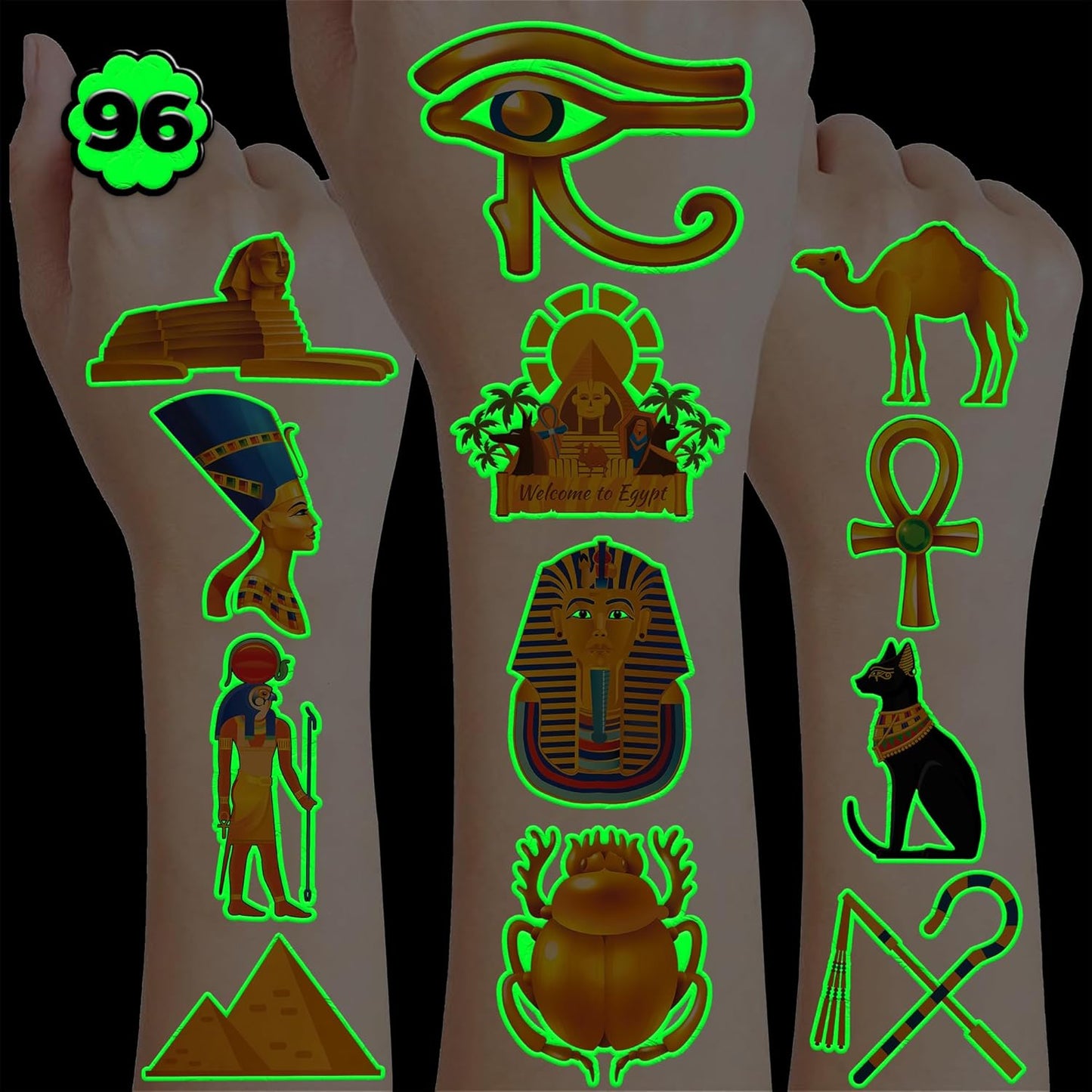 Ancient Egypt Temporary Tattoos - 96PCS Pre-Cut Pharaoh, Sphinx & Pyramid Designs | Perfect for Kids' Parties & School Projects