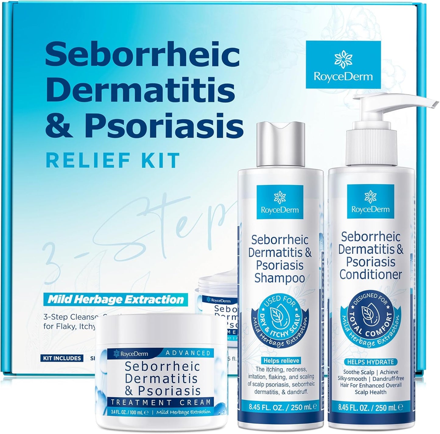 Seborrheic Dermatitis & Psoriasis Treatment Set - Scalp Therapy Cream, Shampoo & Conditioner for Itching, Flaking Relief | 3-Piece System