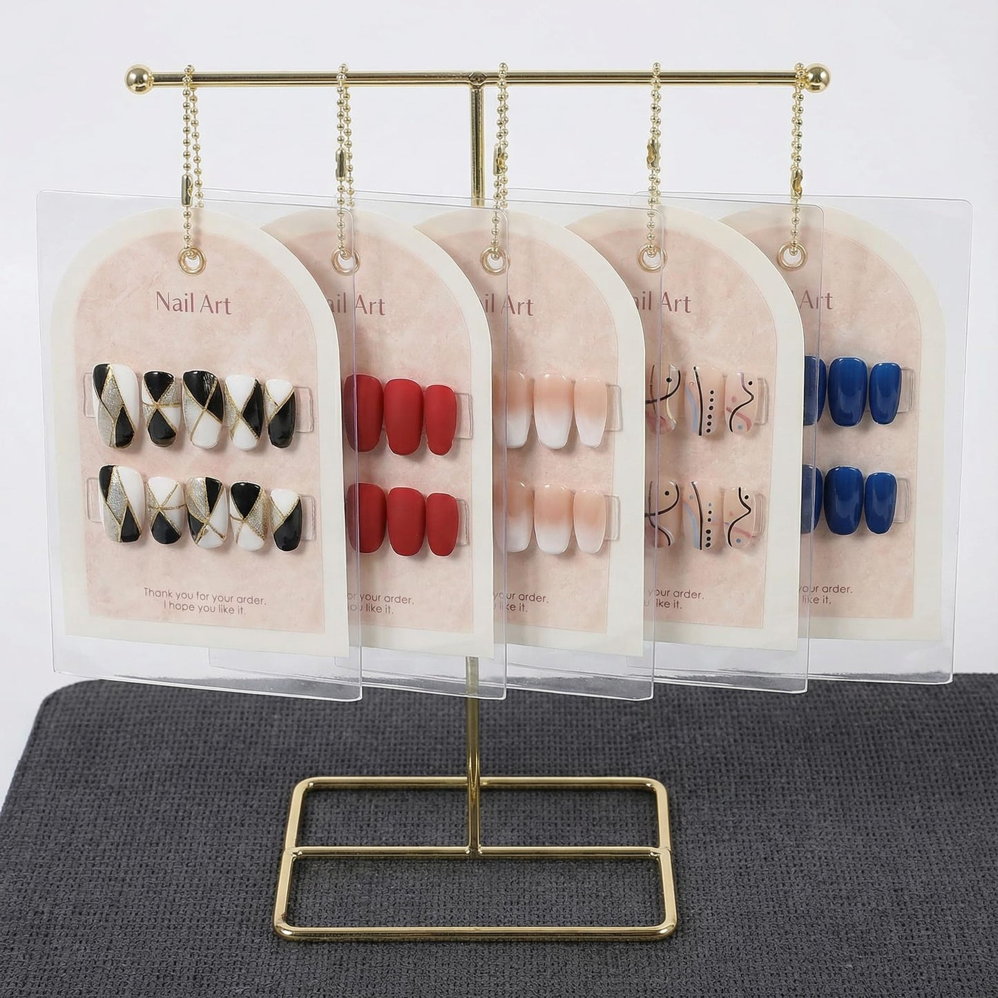 NOLITOY Nail Art Display Cards with Stand Fake Nail Display Holder for Press on Nails 5 Cards with Chains and Bags T-Shaped Rack for Salon Art Supplies