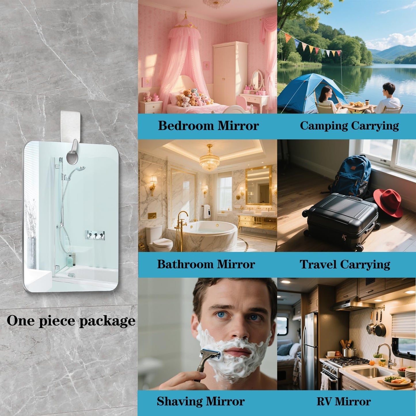 Shower Mirror Fogless for Shaving, No Fog Shaving Mirror, Anti-Fog Makeup Small Mirror Bathroom Accessories Travel Camping, Shatterproof Men's Woma Wall Hanging（Large 9.5inx7.5in）