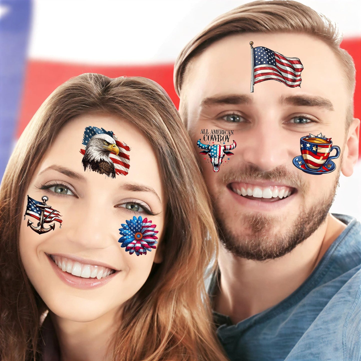 49 PCS American Patriotic Tattoos 4th Of July Independence Day Temporary Tattoos Memorial Veterans Labor Day Decoration, Red White And Blue USA Flag Fake Tattoo Sticker Party Favors Party Accessories