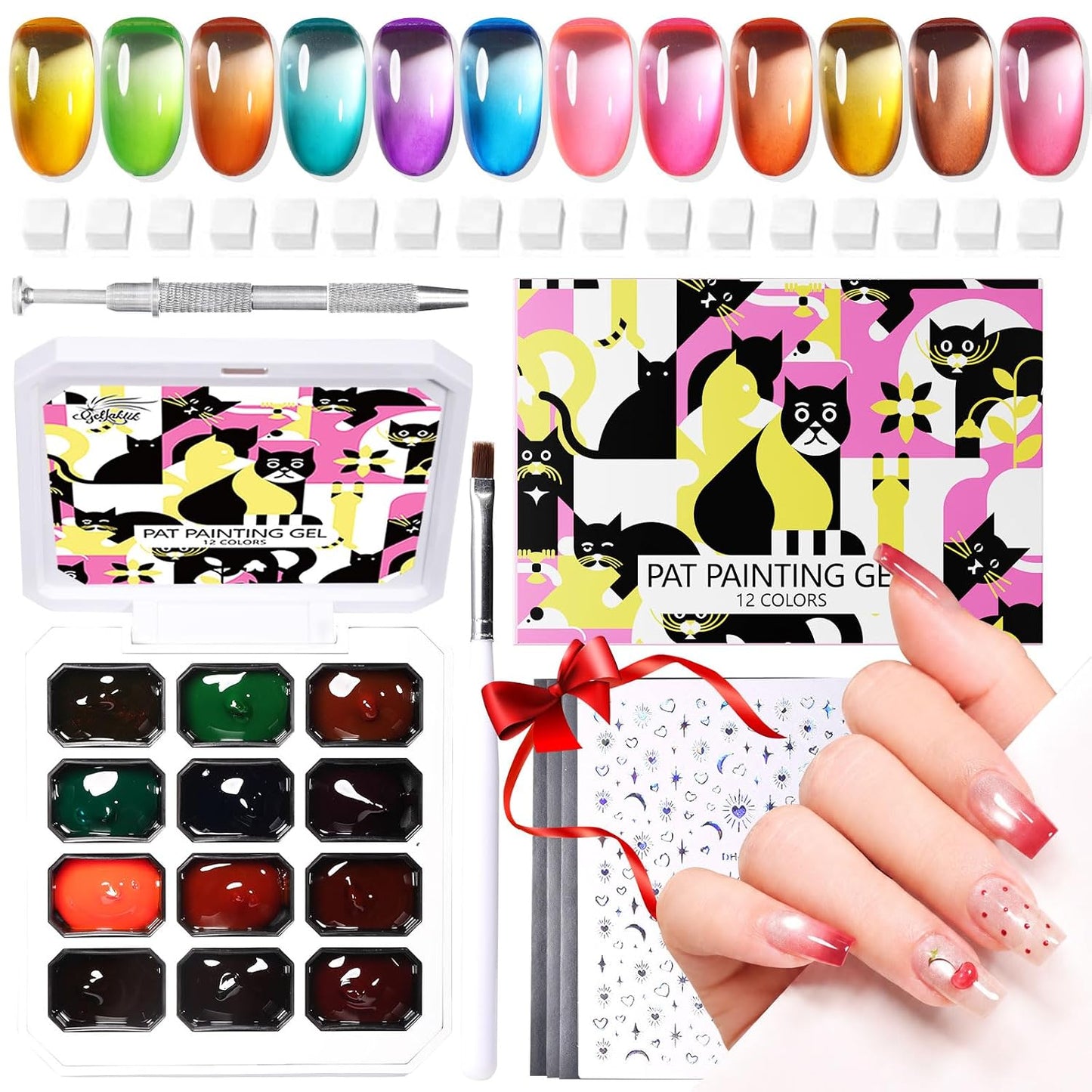 Ombre Nail Gel Polish Kit - 12 Color Patting Palette with Brush & Stickers | UV/LED Curing for DIY Manicure