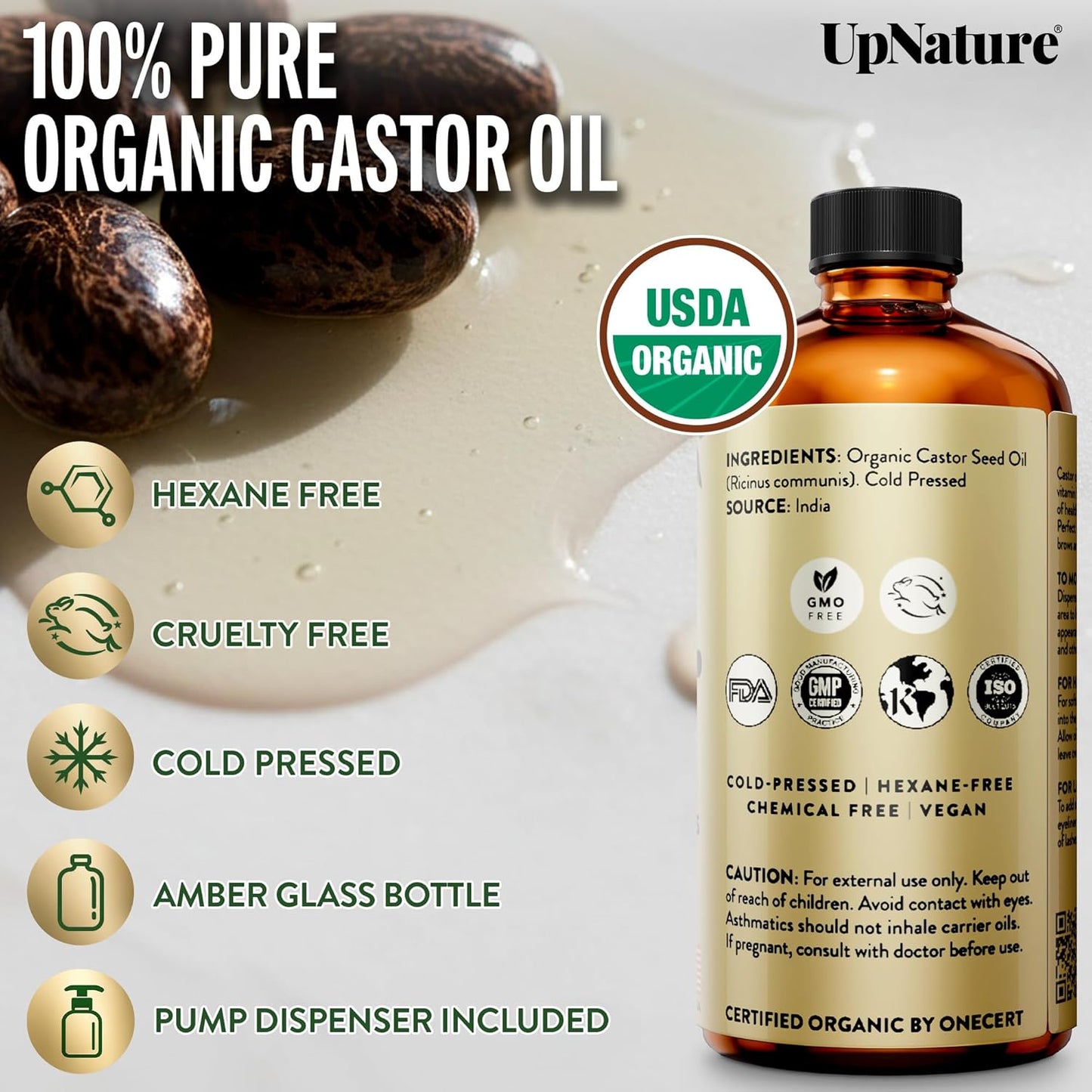 Organic Castor Oil - 100% Pure Cold Pressed 16oz Glass Bottle | USDA Certified, Hexane Free for Face, Hair & Skin