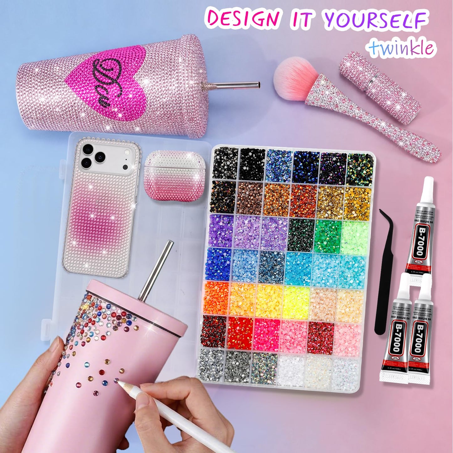 42000Pcs Bedazzling Kit with Rhinestones, 42 Colors 3mm Resin Jelly Flatback Gems, Bedazzling Gems with 3Pcs B7000 Jewelry Glue & Tools, Bedazzler Kit for DIY Arts & Crafts Gifts