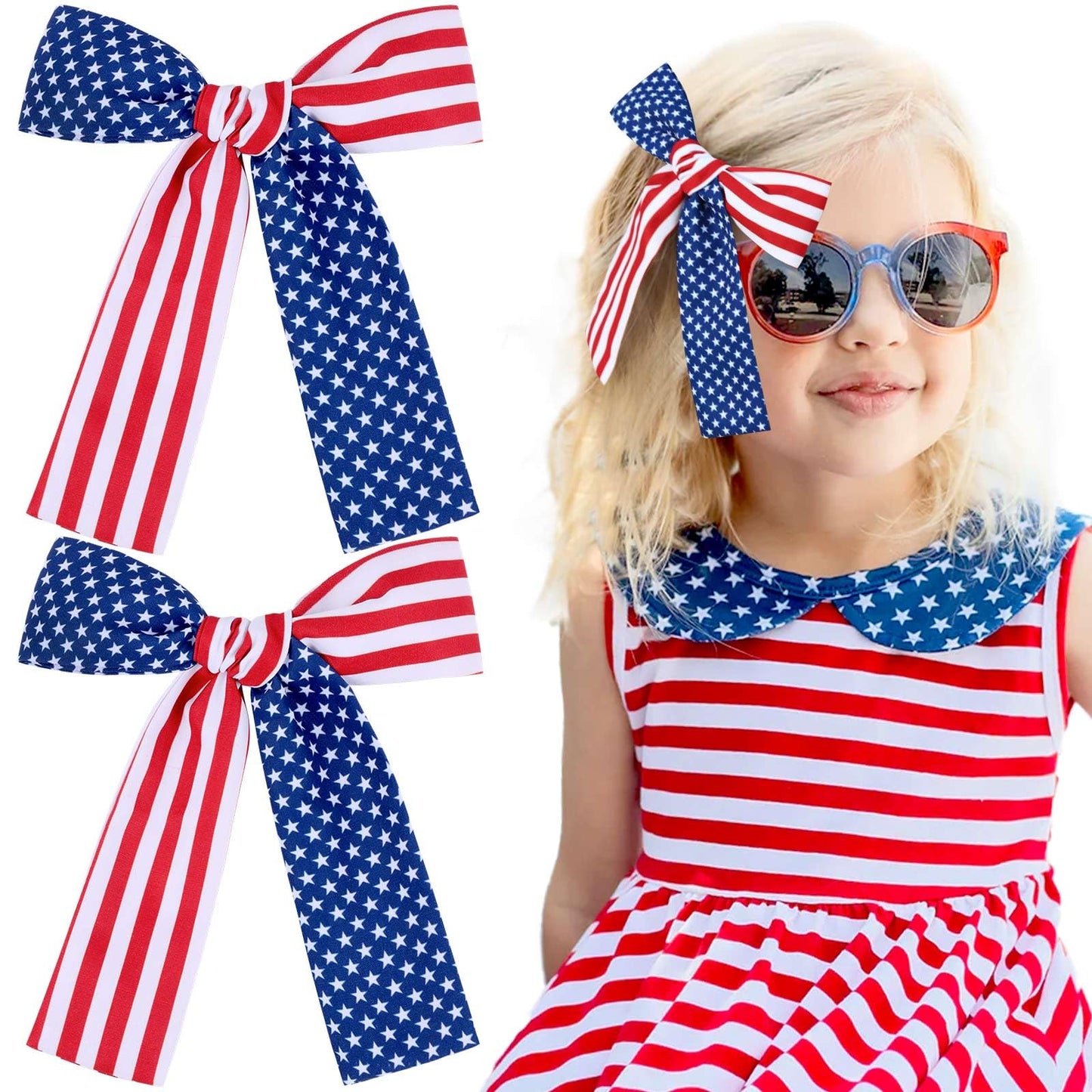 NCMAMA 2PCS 4th of July Hair Bows for Girls, Patriotic Hair Bow Clips for Independence Day, American Red White and Blue Hair Accessories, Hair Barrettes for Toddler Children Kids (American Flag-A)