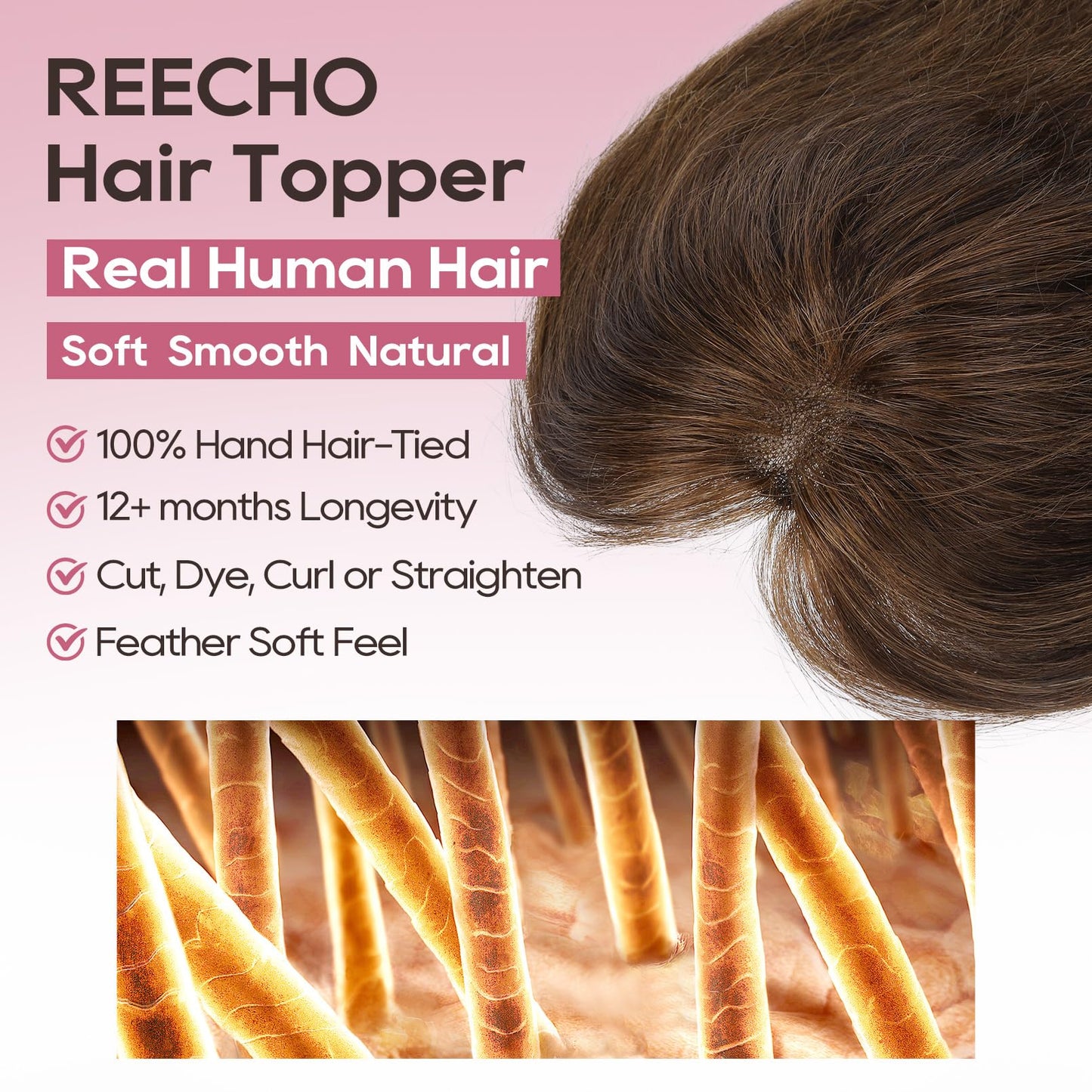 REECHO 10" Real Human Hair Topper for Women with Thinning Hair, Breathable Clip-in Crown Hairpiece for Instant Volume and Grey Root Coverage, Natural Looking Real Hair Toppers Wiglett