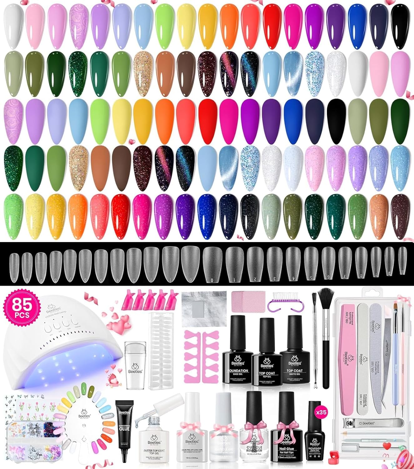 Beetles Gel Nail Polish Kit - 55 Vibrant Colors with UV Light | Complete DIY Manicure Set for Beginners