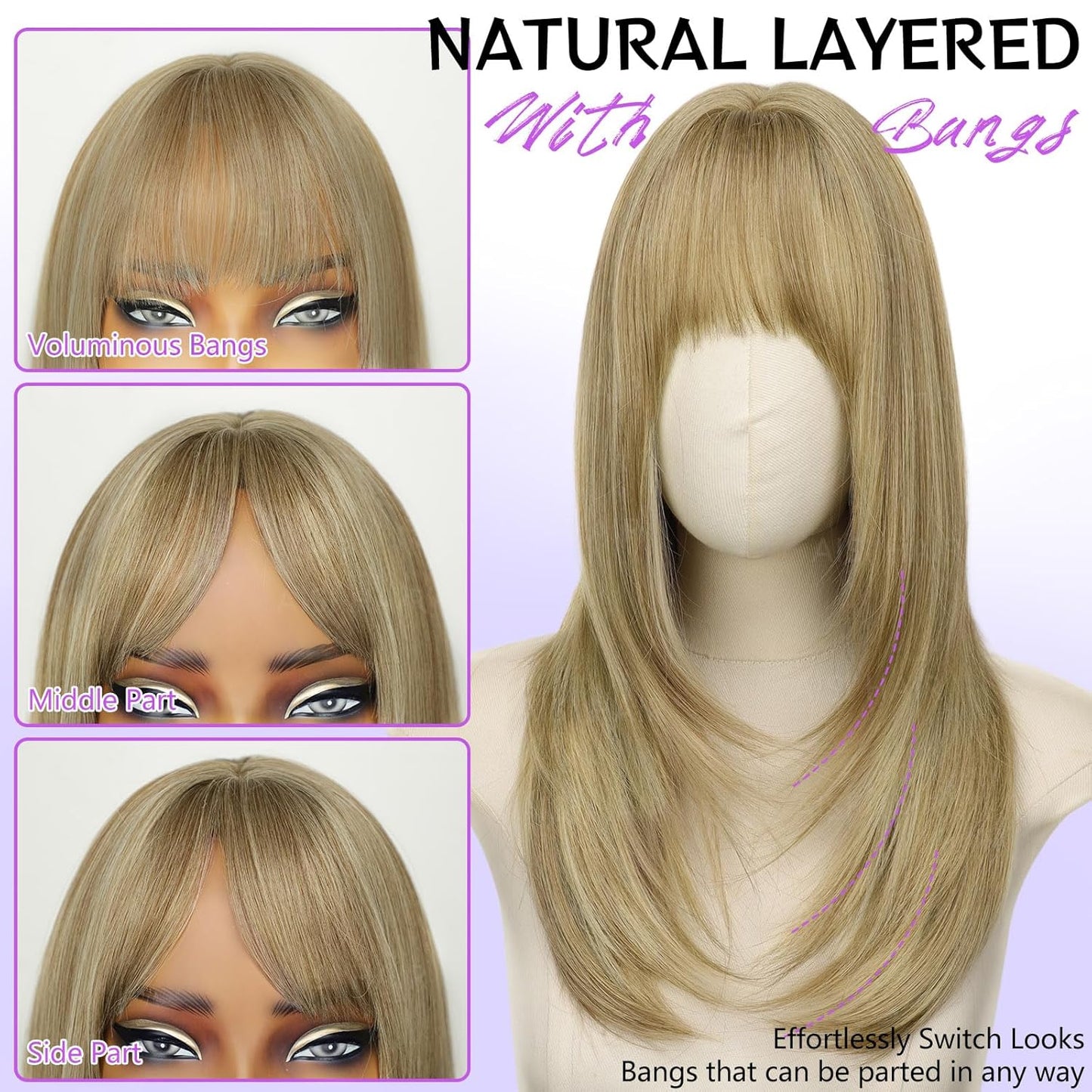 Ash Beige Blonde Wig with Highlights - Beginner Friendly Middle Length Straight Wig for Women | Natural Layered Bangs
