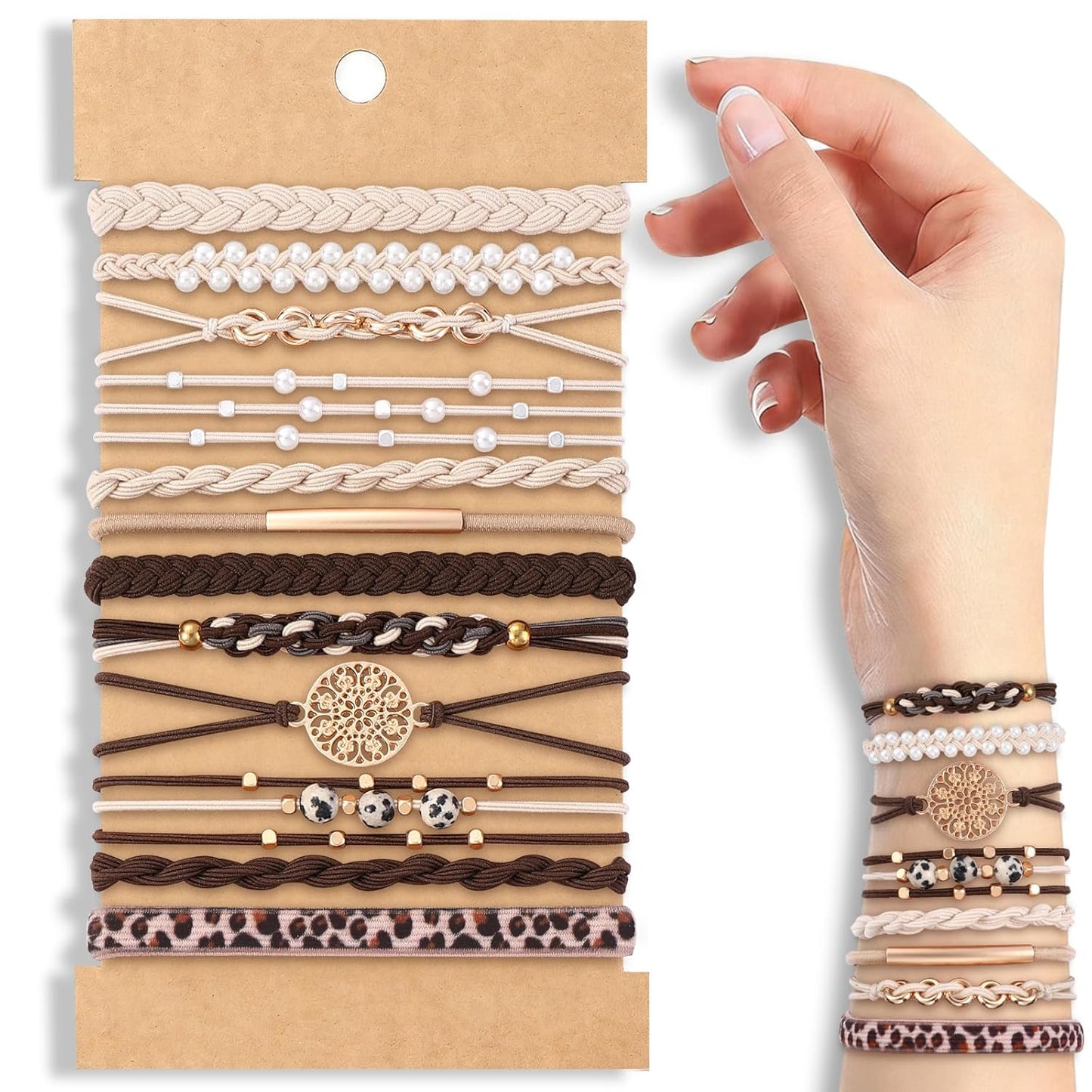 10PCS Hair Ties Bracelet Set - Soft Braided Boho Elastic Hair Bands for Women | Beige & Light Coffee