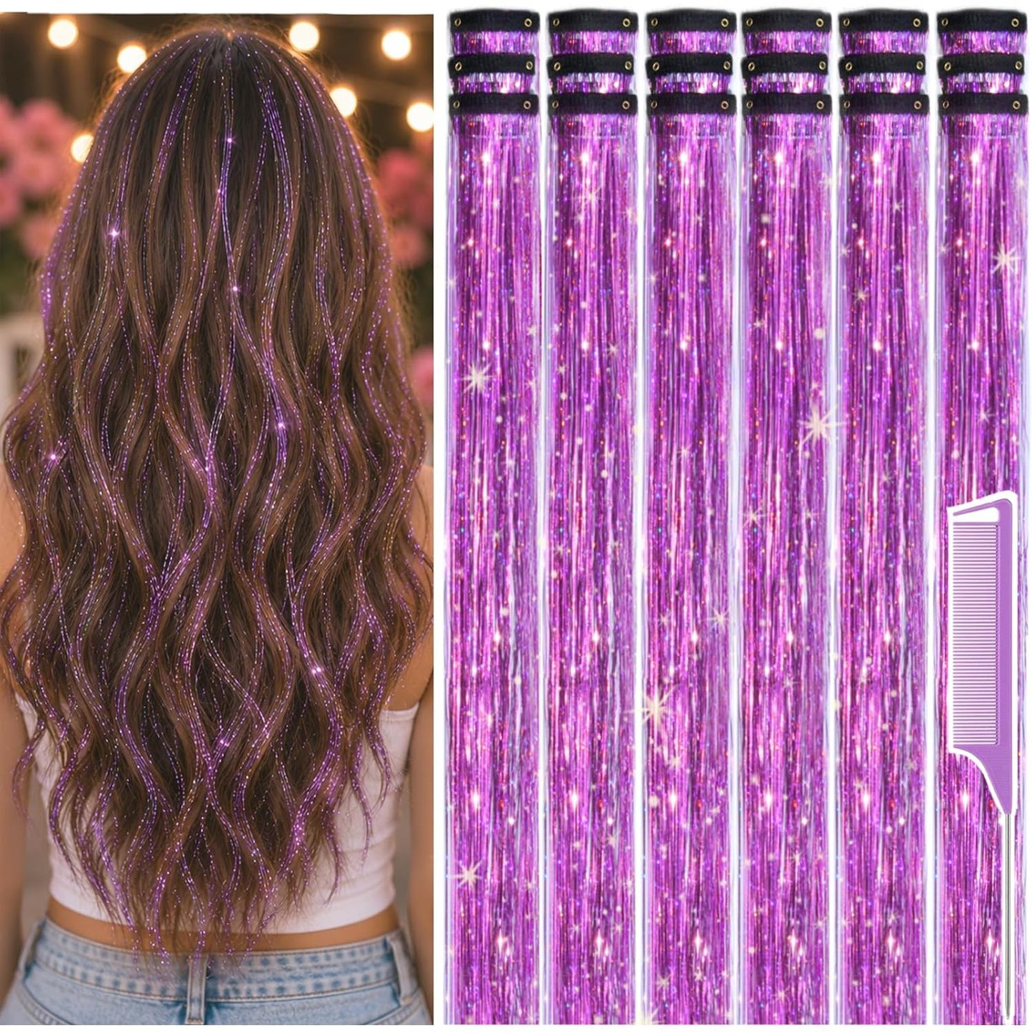 Hair Tinsel Extensions - 22 Inch Pink Glitter Clips | 18 Pcs Fairy Hair Accessories for Women & Girls