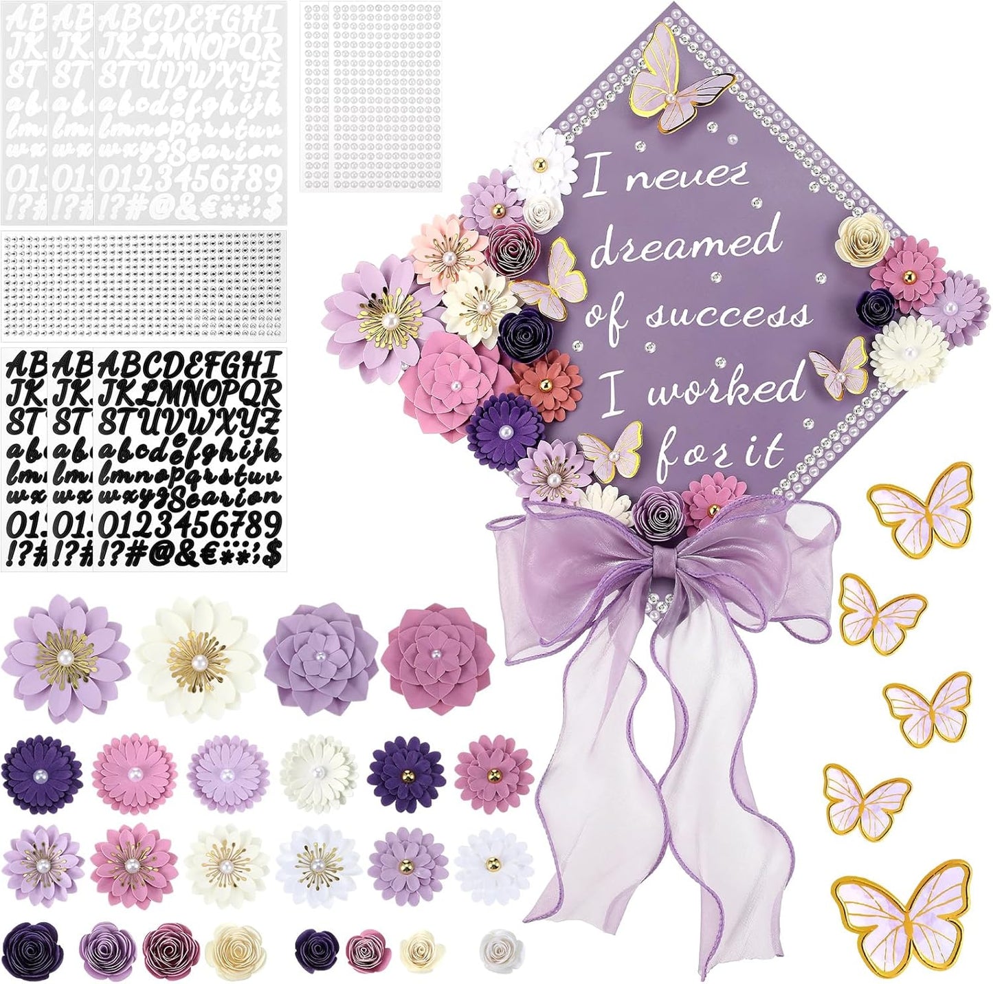 DIY Graduation Cap Decorations Kit - 46 Pcs with Paper Flowers, 3D Butterflies, Rhinestones & Ribbon Bow | Purple