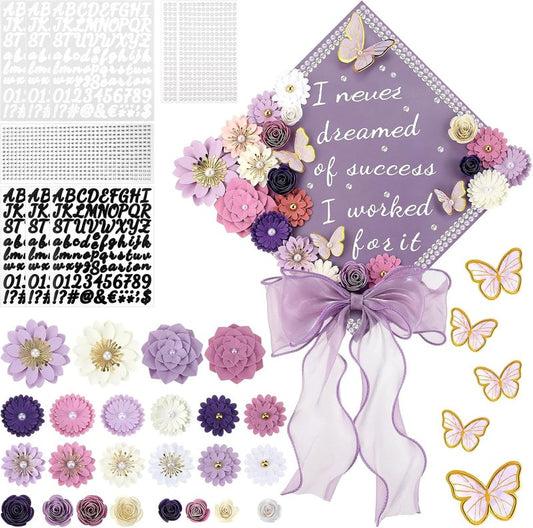 DIY Graduation Cap Decorations Kit - 46 Pcs with Paper Flowers, 3D Butterflies, Rhinestones & Ribbon Bow | Purple