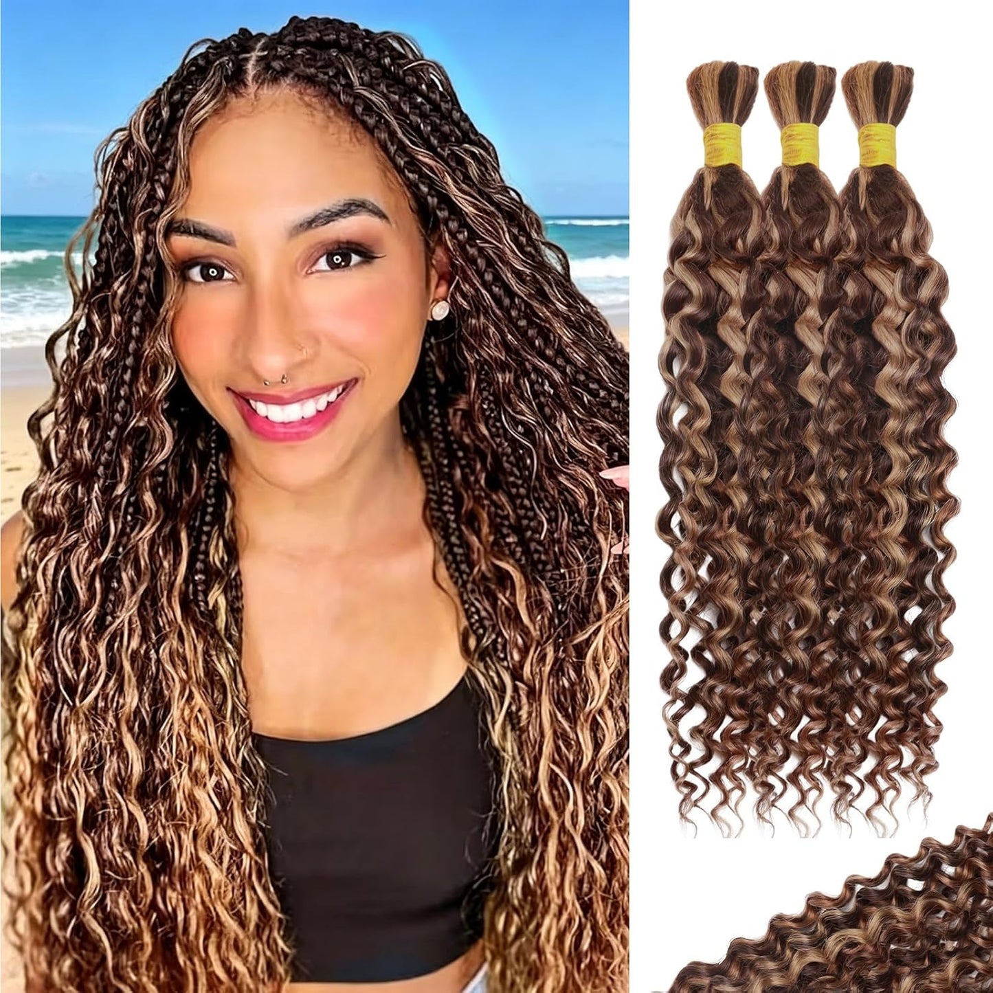 Water Wave Human Braiding Hair - 16 Inch Deep Curly Bundles for Boho Braids | 110g Natural Black