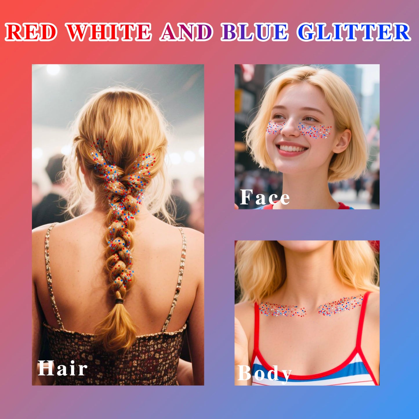 MEICOLY Red White and Blue Face Body Glitter Women Rave Accessories,4th of July Accessories Outfits for Women, Patriotic Pride Chunky Hair Glitter for Kids