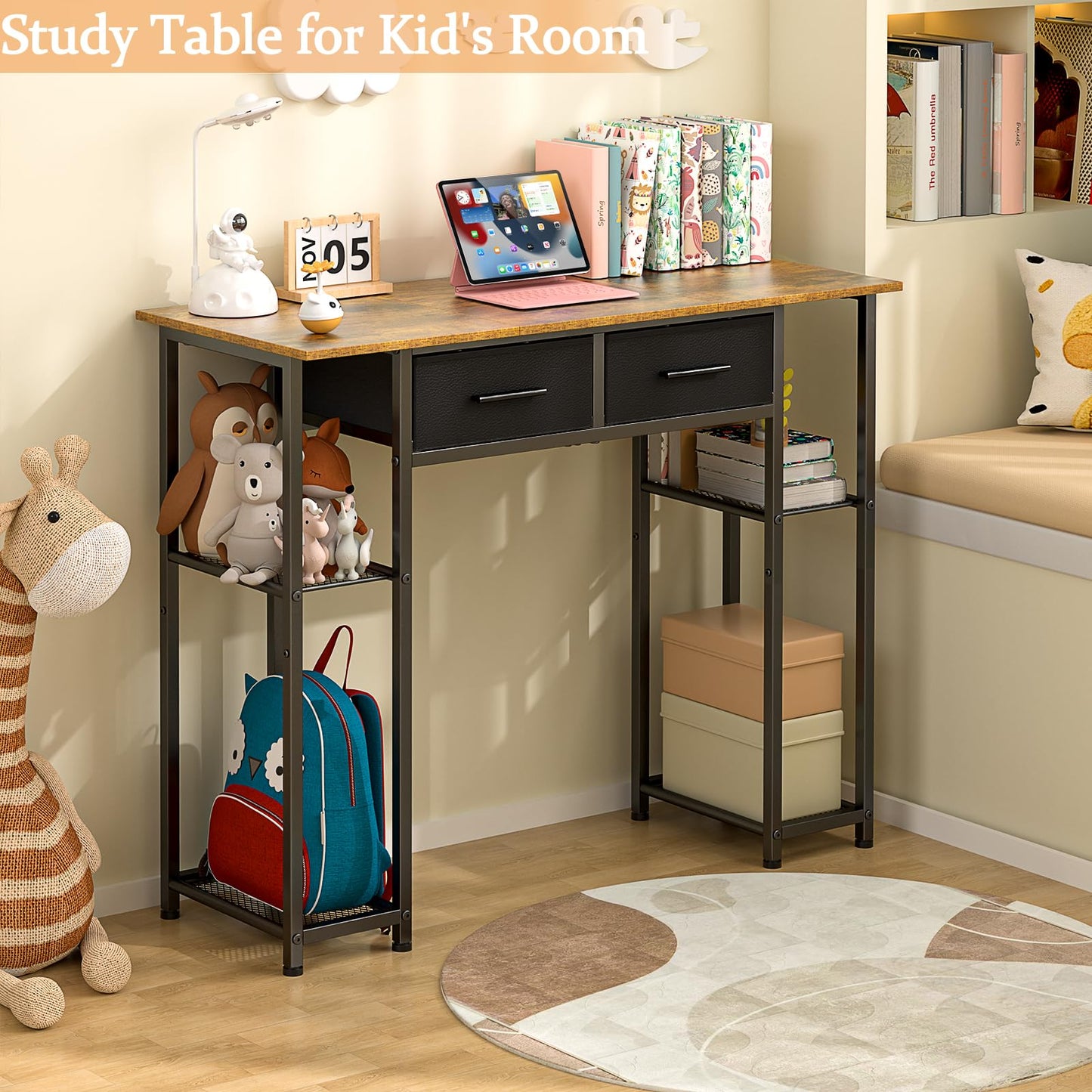 DAOUTIME Computer Desk with Drawers, 37.3 Inch Home Office Work Desk with Storage Shelf, Kids Teens Study Table for Small Space, Small Writing PC Table for Bedroom Makeup Vanity Desk, Brown