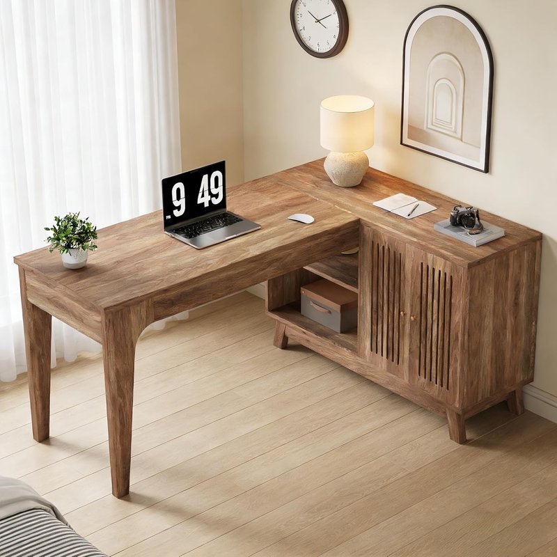 L Shaped Desk with Storage Cabinet - 57" Modern Corner Computer Desk | Space-Saving Wood Writing Desk for Home Office