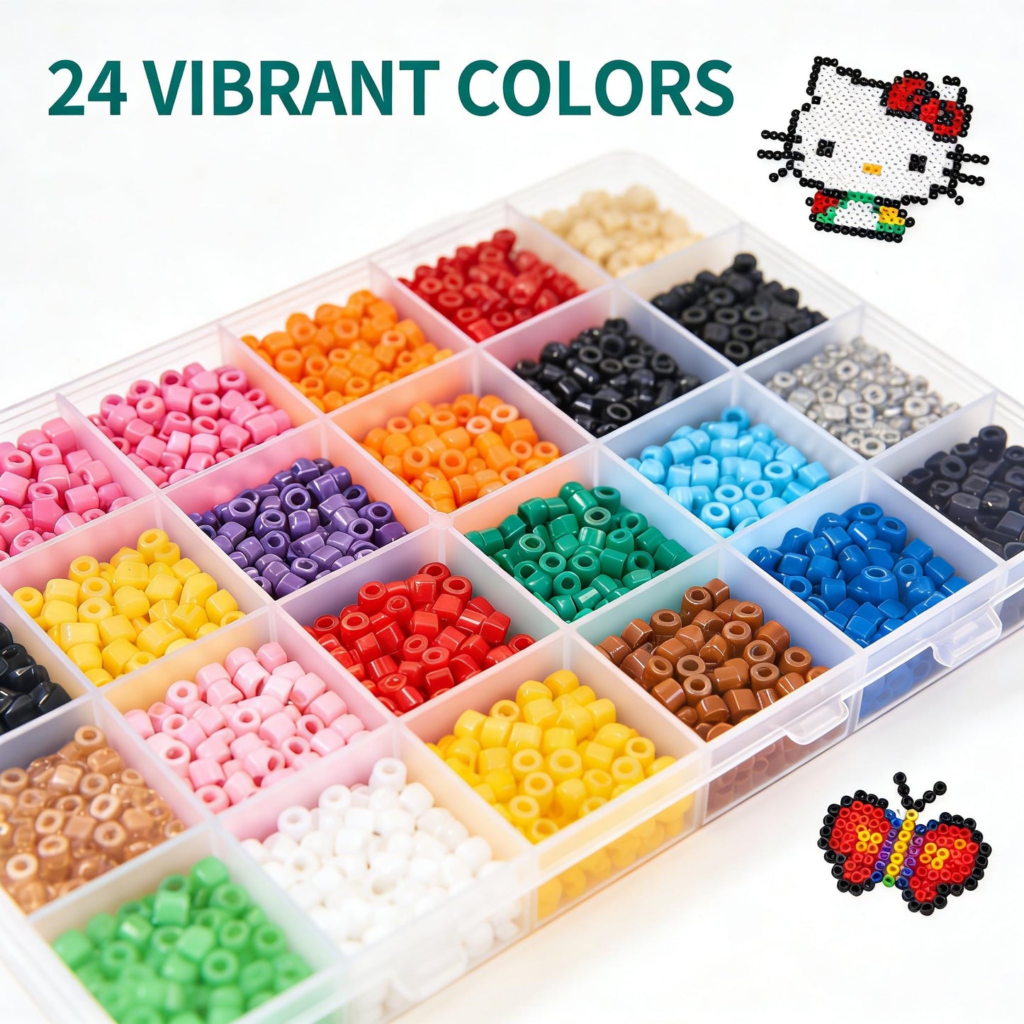7200 pcs Fuse Beads Kit,2.6mm Mini DIY Craft Puzzle with 1 Color Card,24 Vibrant Colors,1.5 High Box with Approx 300 Beads per Grid,Pixel Art Craft Supplies for Adult Crafters