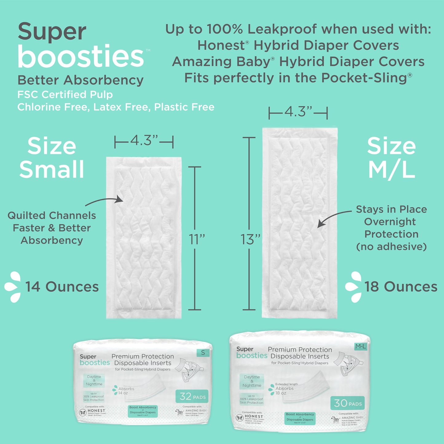 Overnight Diaper Leak Stopper, Super Boosties Disposable Inserts, Use with Pampers Sizes 2-6, Honest Hybrid Diaper Cover Sz Small, Amazing Baby Cover Sz 2, Pocket-Sling Compatible, 4.3x11 in, 96 count