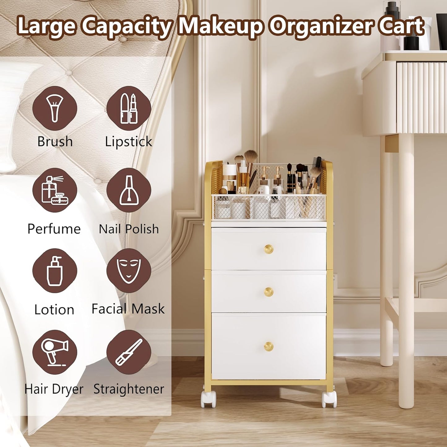 Rolling Makeup Organizer Cart - 3 Drawer Vanity Storage with Gold Finish | Under Desk Cosmetic Display for Nail Polish & Brushes
