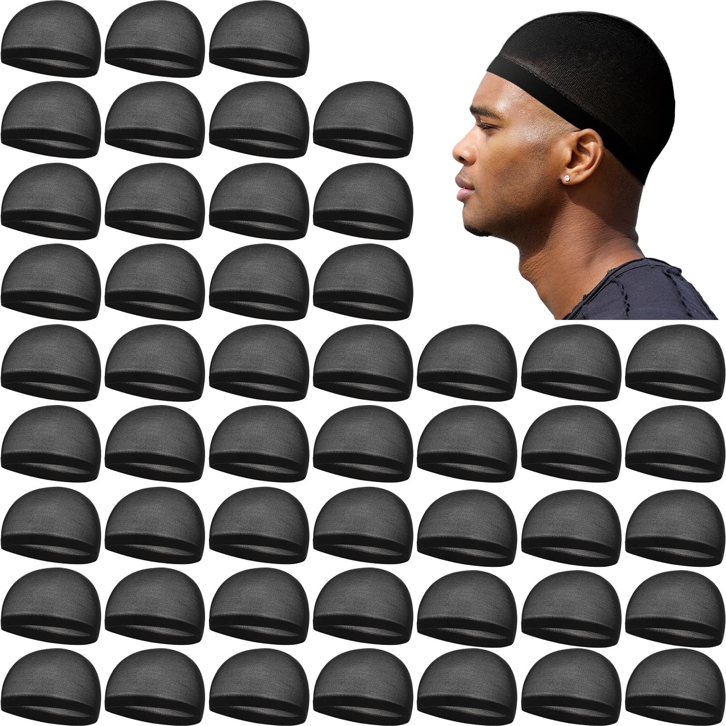 Ramede 50 Pcs Stocking Wave Cap for Men Adult Stretchy Nylon Skull Wave Lightweight Beanie Caps Waves for Man Women (Black)