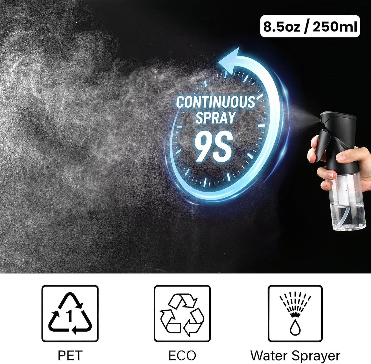 Continuous Spray Bottle - 8.5oz Fine Mist Sprayer for Hair, Plants & Cleaning | Refillable Water Dispenser - Black
