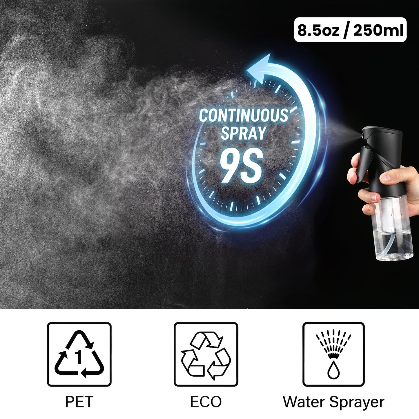 iwreaiy 1 Pack 8.5oz Continuous Spray Bottle for Hair Styling & Plants - Fine Mist Sprayer Refillable Empty Water Dispenser for Cleaning, Ironing, Watercolor & Pet Care - Black