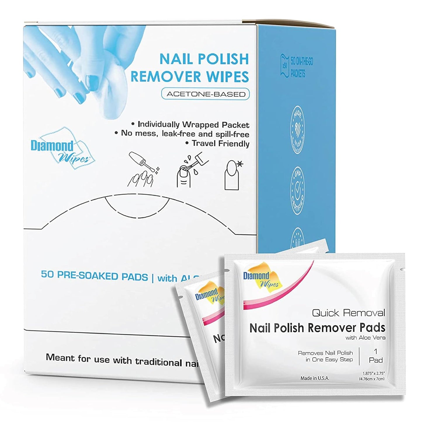 Diamond Wipes Nail Polish Remover Wipes - Aloe Vera Acetone Pads | 50 Individually Wrapped Wipes