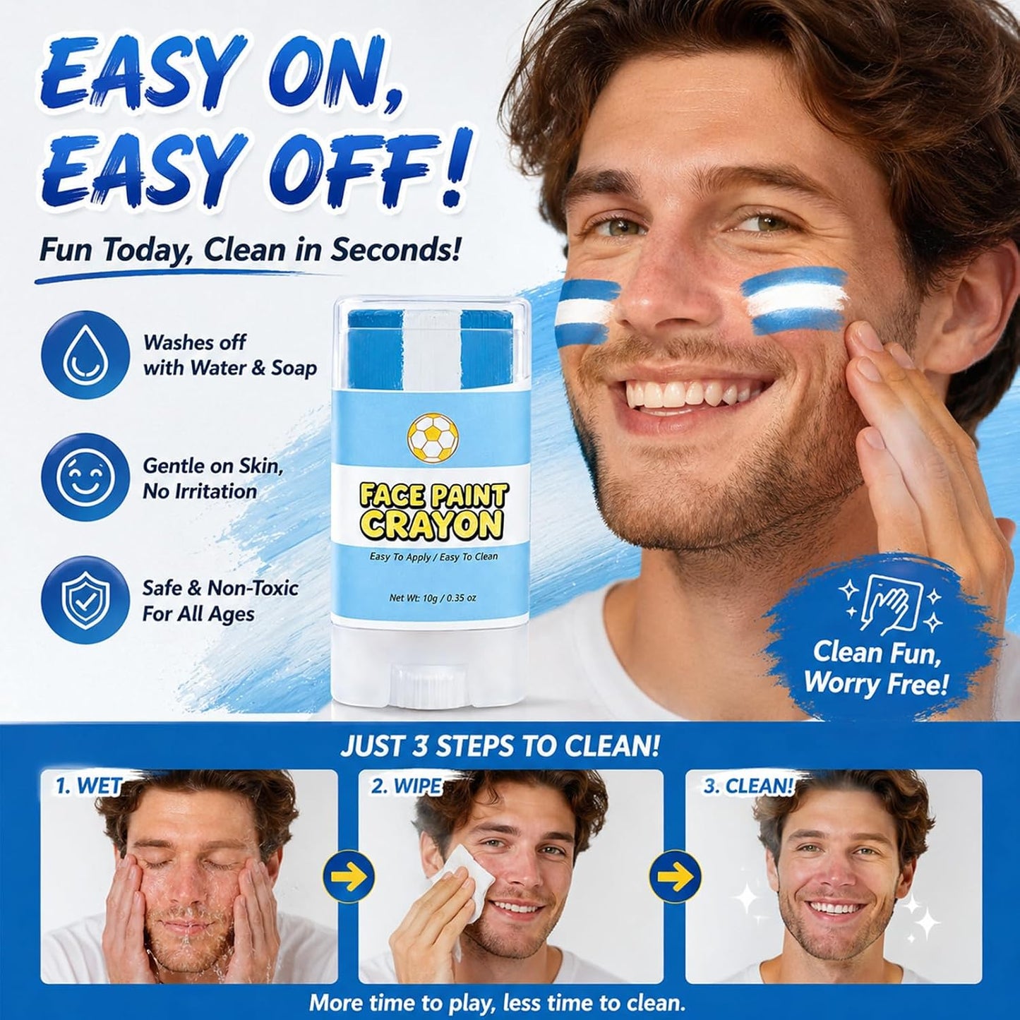 Argentina Face Paint Stick - Blue & White Soccer Fan Body Paint Crayon | Sweatproof, High Pigment for Football & Rugby Events