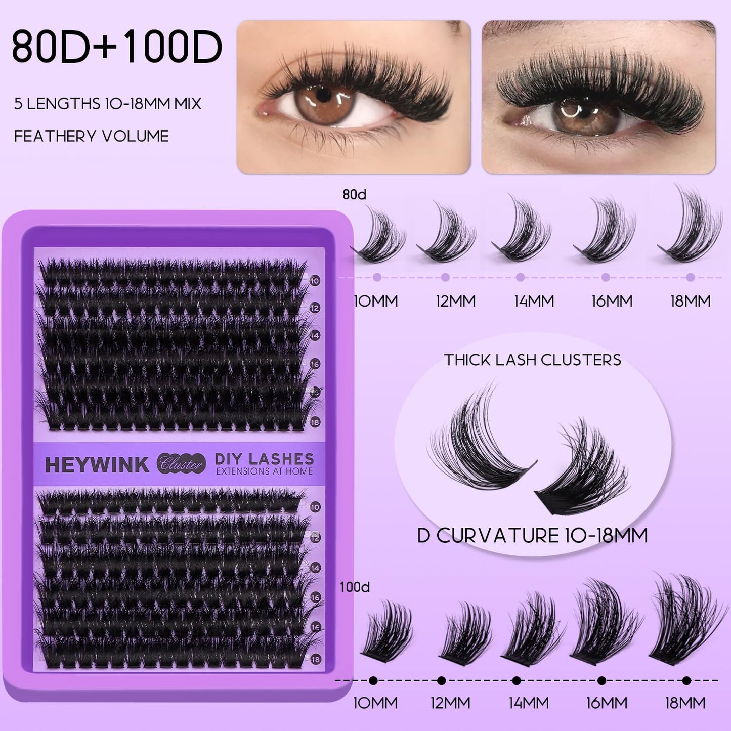 Lash Clusters Kit - 80D & 100D Individual D Curly Eyelash Extensions | DIY Thick False Lashes 10-18mm