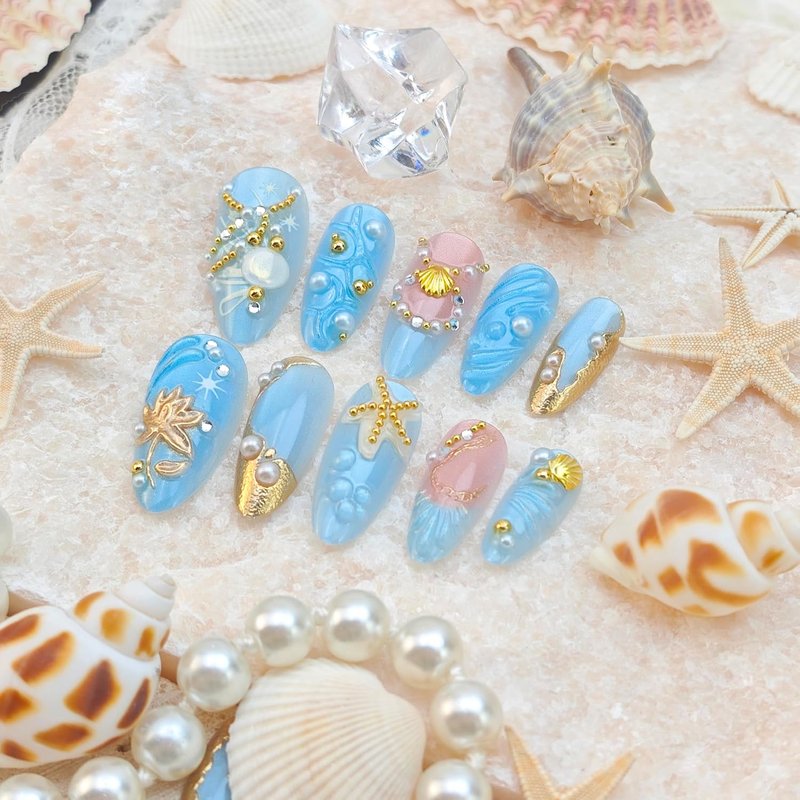 Tropical Almond Press-On Nails - 24Pcs 3D Seashell & Starfish Design | Ocean Blue Full Cover