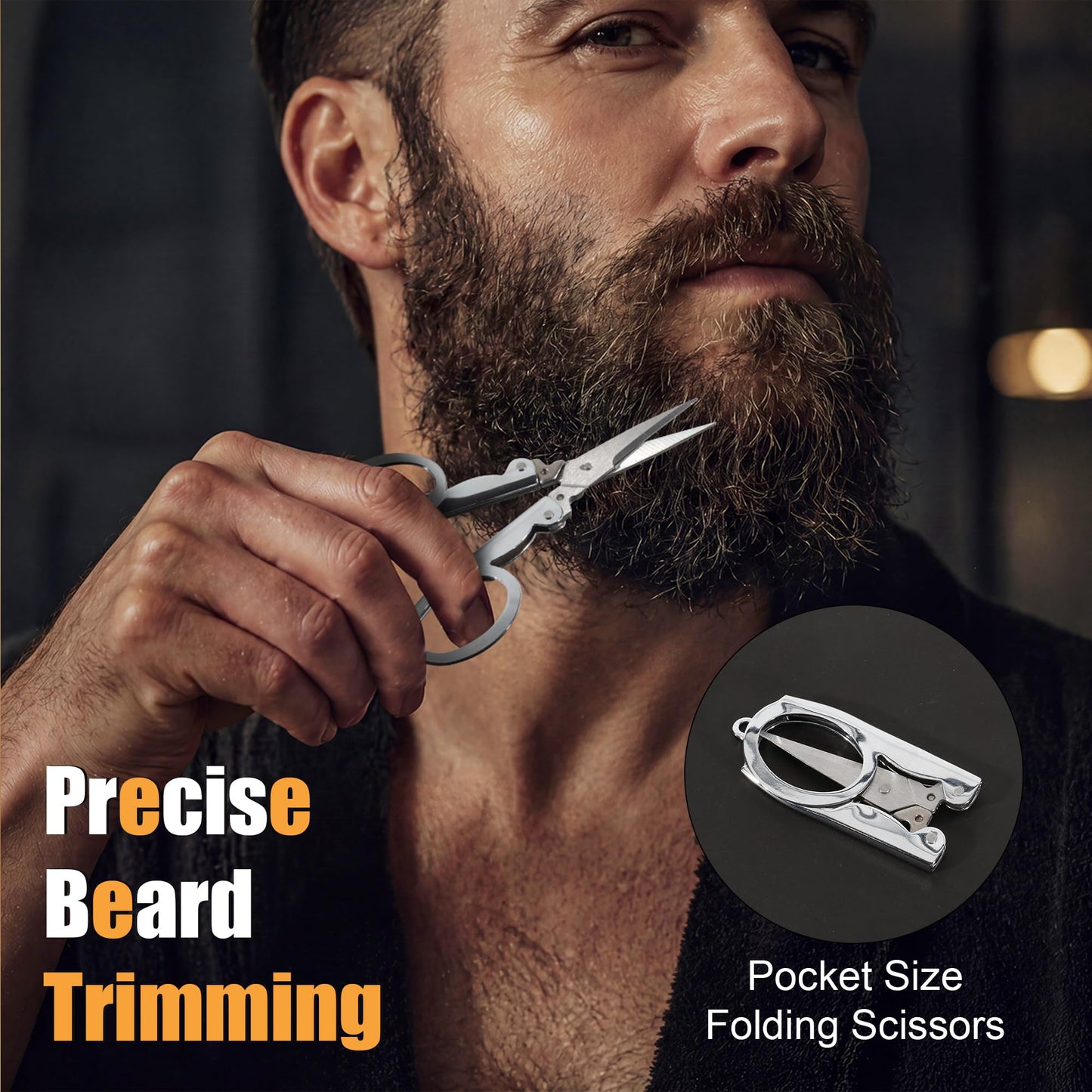 BFWood Beard Brush for Men - Natural Round Boar Bristles Brush Comb Set with Walnut Wood, Foldable Mustache Comb and Trimming Sissors, Small Beard Brush Grooming Mustaches Kit for Travel
