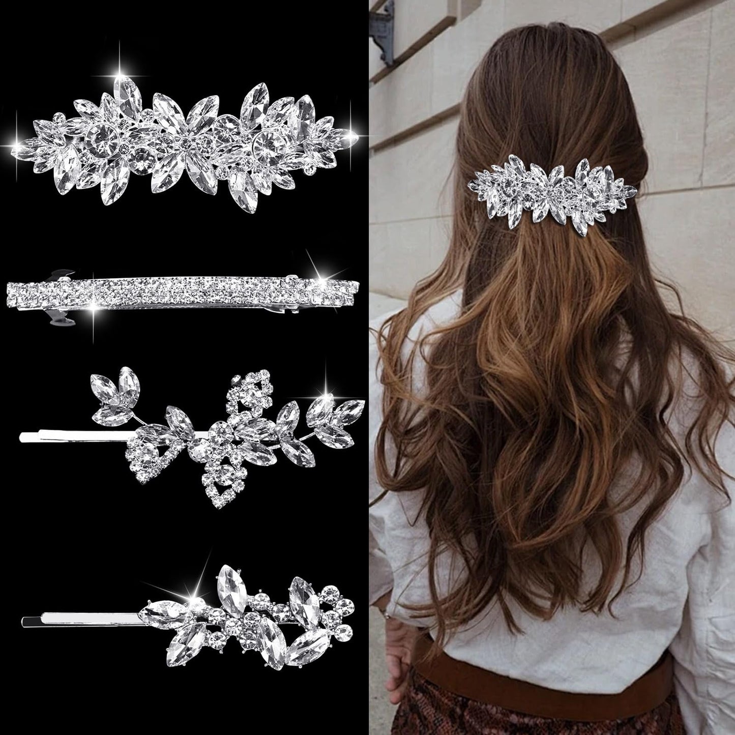 4pcs Rhinestone Hair Barrettes for Women Leaf Wedding Hair Pins Crystal Bobby Pins Silver Bridal Hairpin Clips for Brides Bridesmaids Flower Girls
