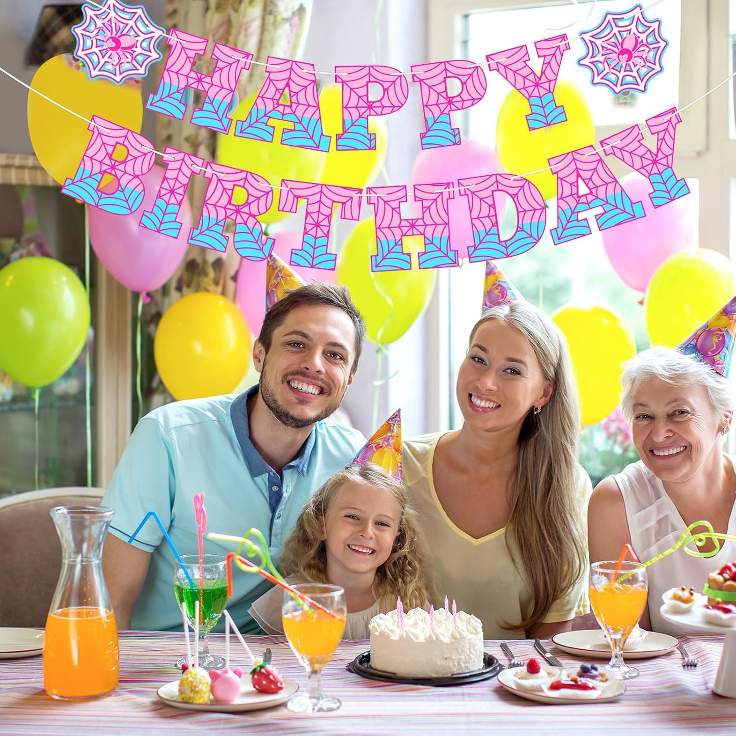 Spider Theme Birthday Banner - Pre-Strung Spider Web Decor for Kids' Parties | Pink & Blue