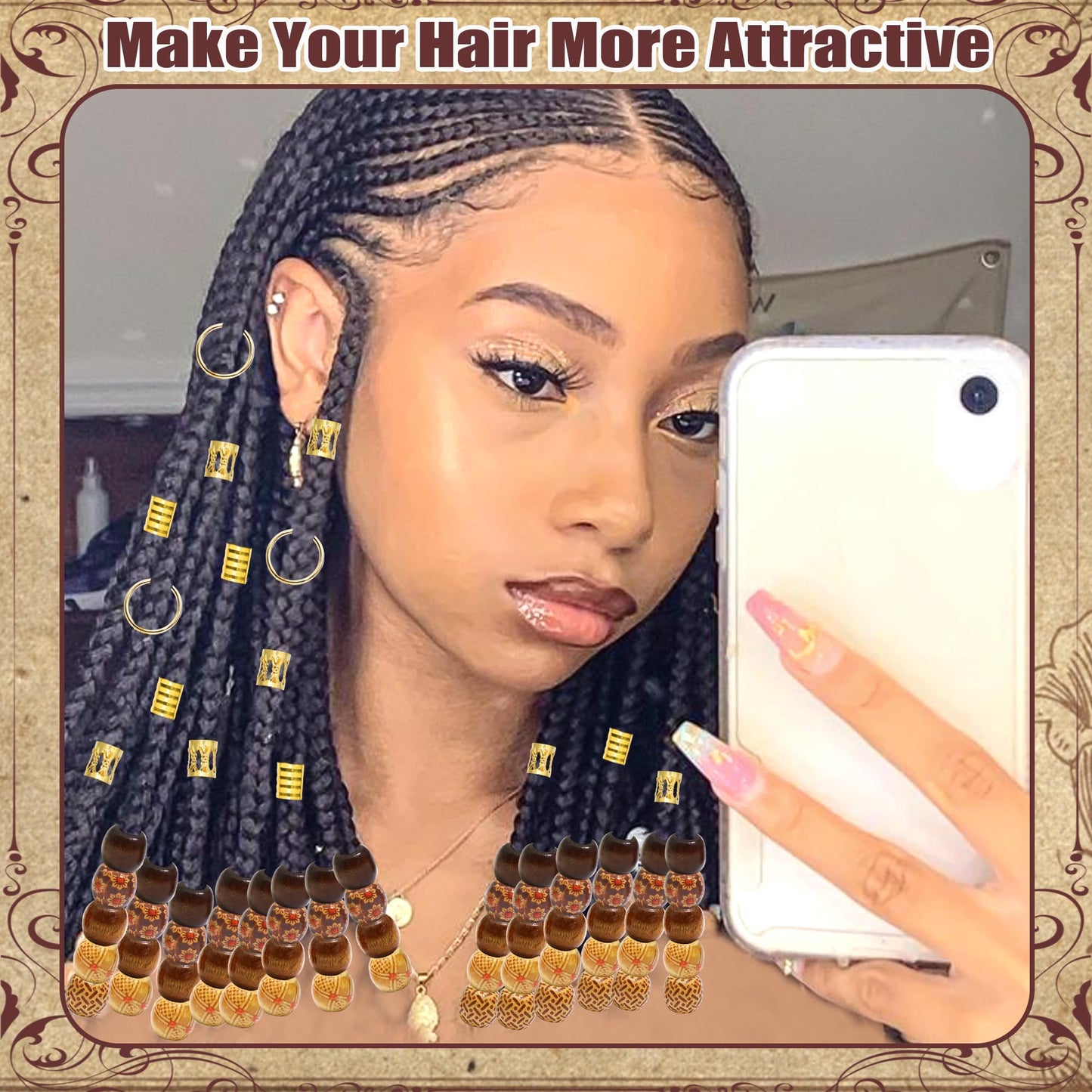 NAISKA 85PCS Shell Hair Jewelry for Braids Wooden Hair Beads Seashell Pendents Braid Jewelry Gold Hair Cuffs Rings Assorted Beads for Braids Multi-styles Braid Accessories for Women Girls