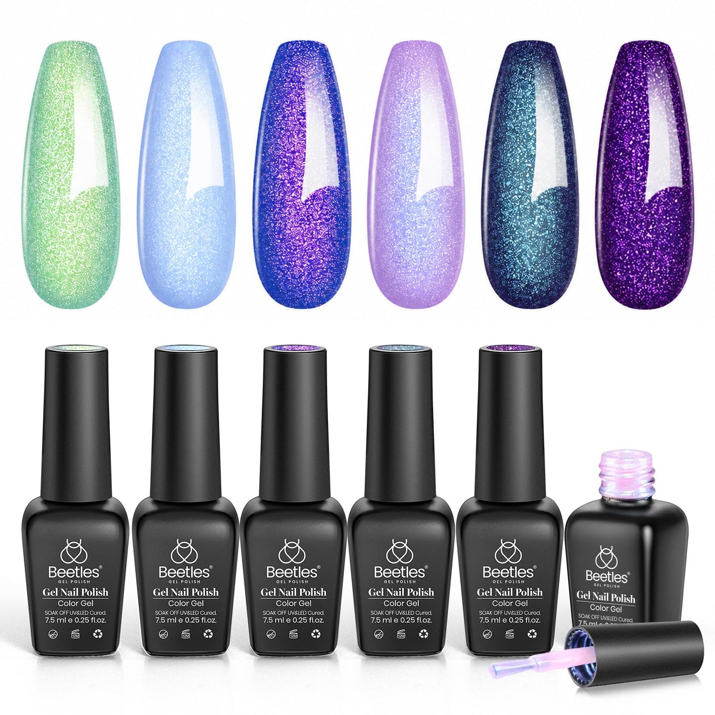 Beetles Glitter Gel Nail Polish Set, Kaleido Galaxy 6 Colors Chameleon Shimmer Gel Polish, Blue Green Purple Sparkle Soak Off UV LED Gel Polish for DIY Nail Art Manicure