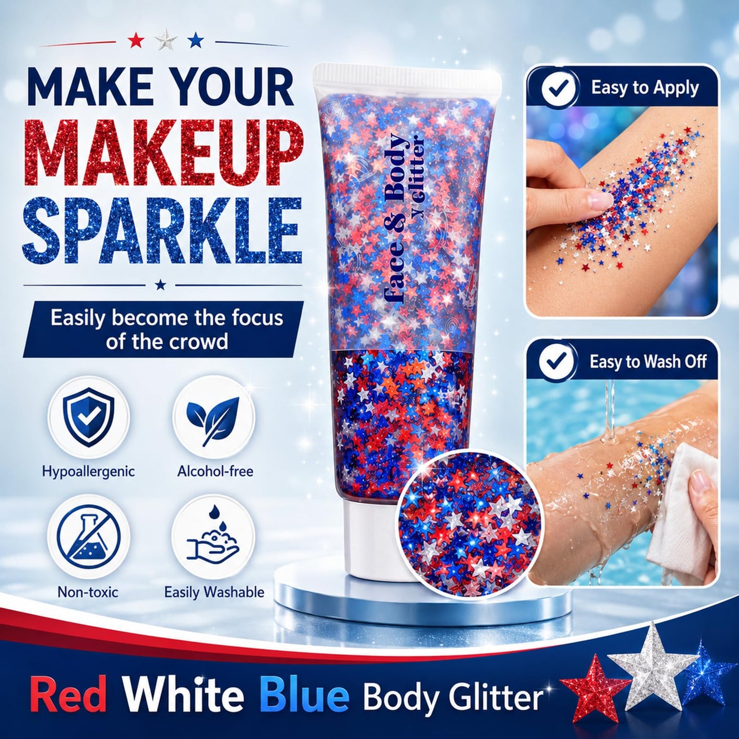 Go Ho 4th of July Accessories for Women Kids - Star Face Body Hair Glitter,Patriotic Red White and Blue Glitter Gel Sparkle Makeup for Independence Day 250 Anniversary USA