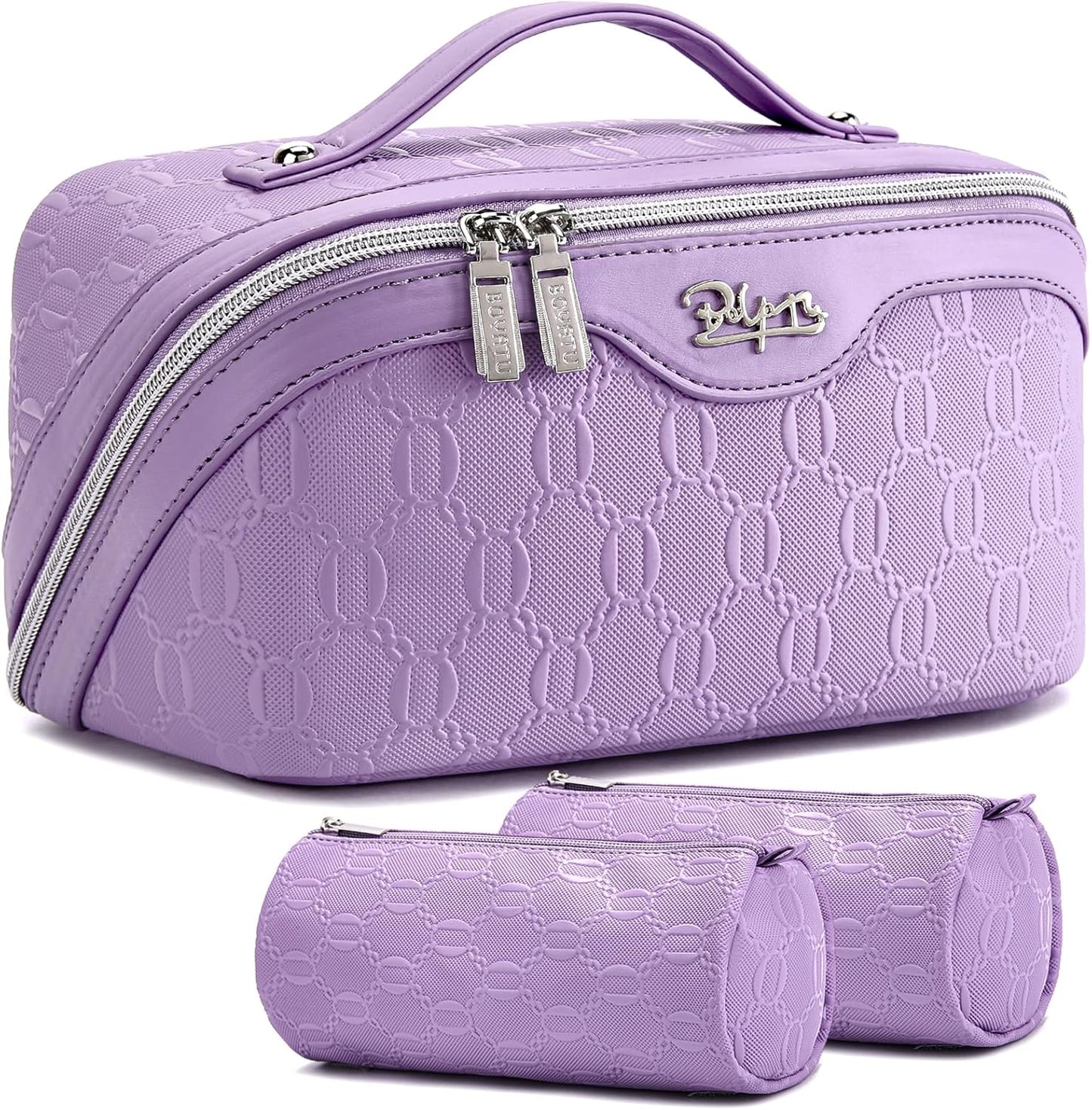 Travel Makeup Bag Set - Large Vegan Leather Cosmetic Organizer with Handle | 3 Pcs Portable Toiletry Bags in Coffee